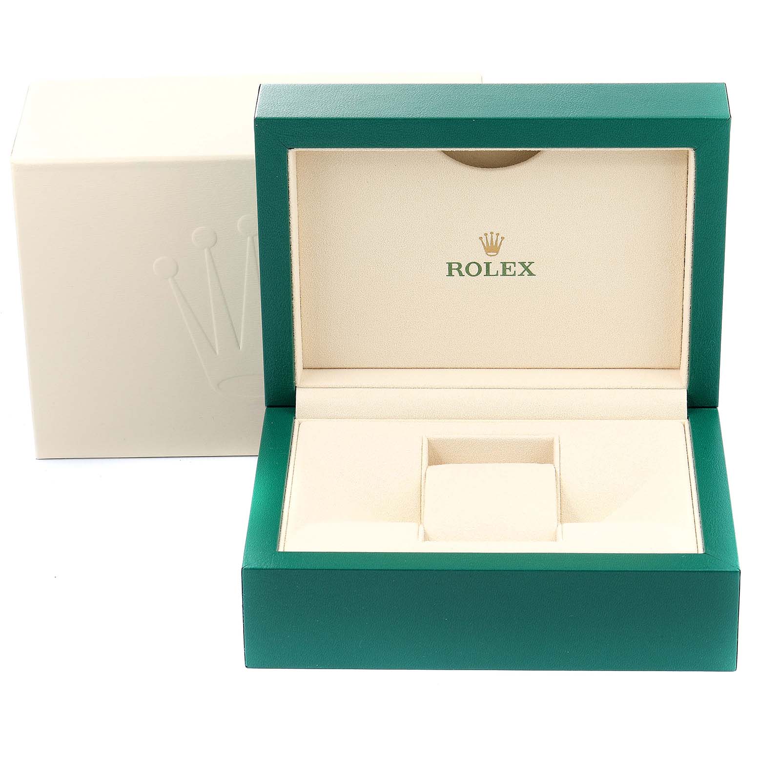 This image shows an open Rolex Milgauss 116400 Men's Stainless Steel White Dial 116400 Men's Stainless Steel White Dial watch box with a green exterior and cream-colored interior.