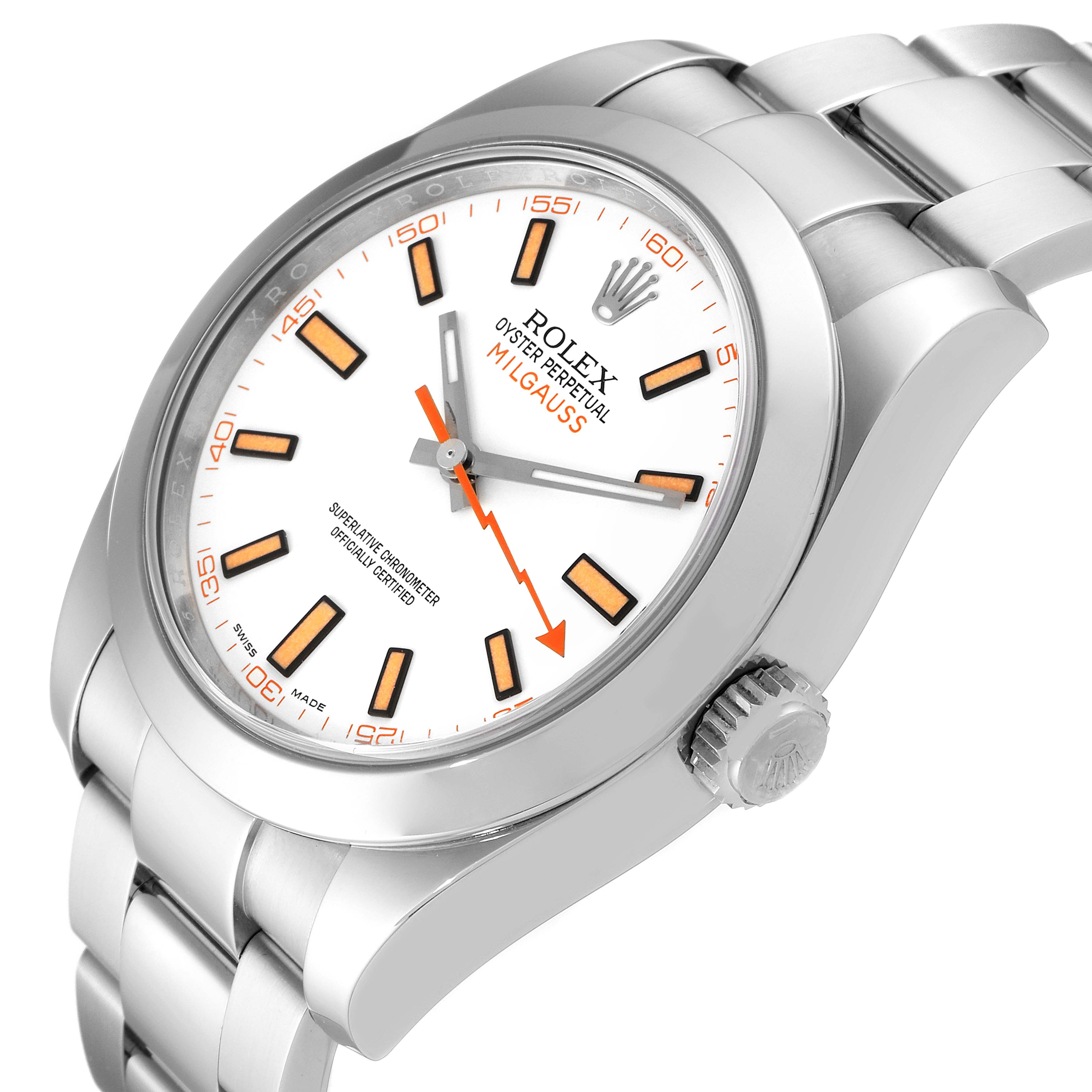 The image shows a Rolex Milgauss 116400 Men's Stainless Steel White Dial 116400 Men's Stainless Steel White Dial watch from an angled side view, highlighting the face, case, and part of the bracelet.