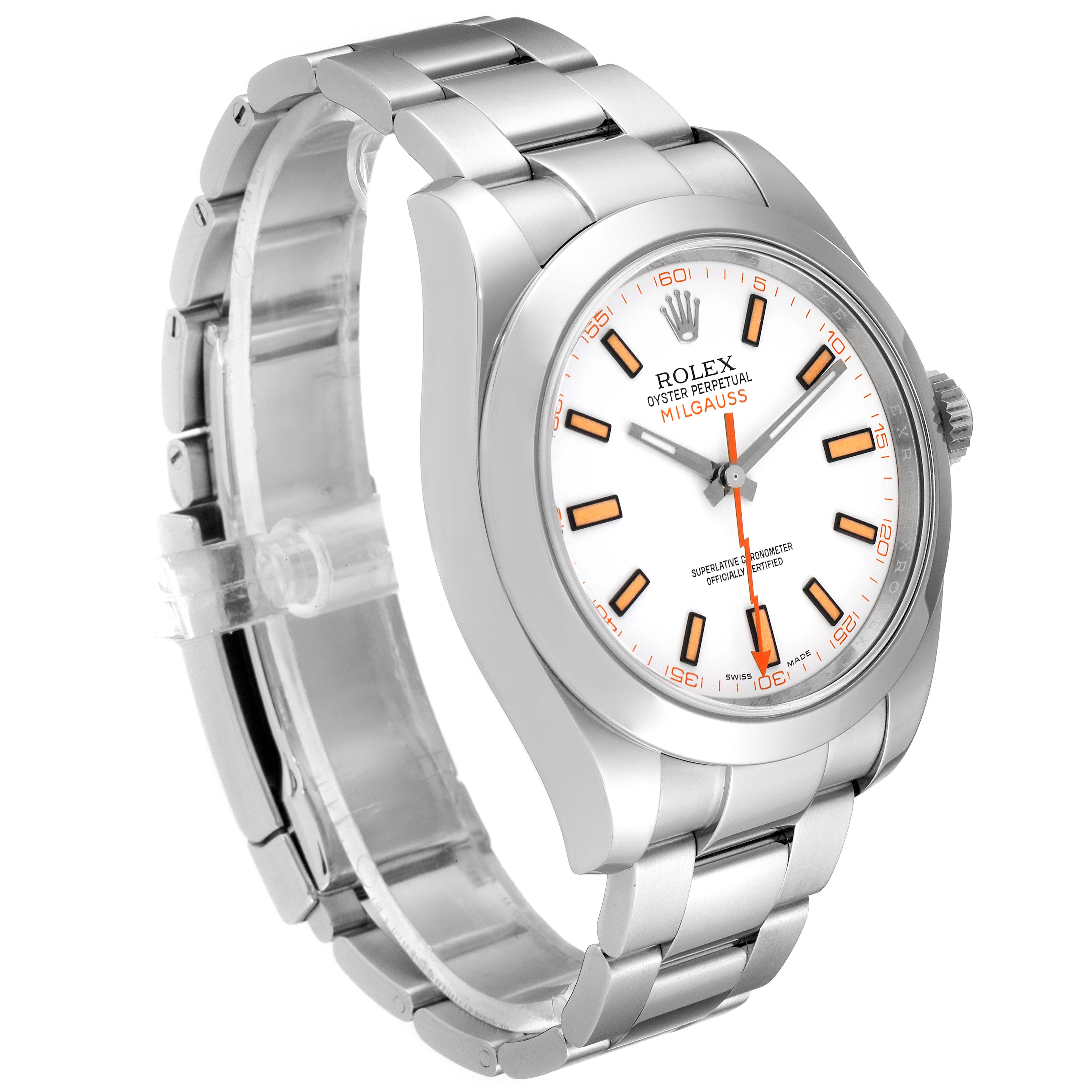 The image shows a Rolex Milgauss 116400 Men's Stainless Steel White Dial 116400 Men's Stainless Steel White Dial watch from a three-quarter angle, highlighting the face, bezel, and bracelet.