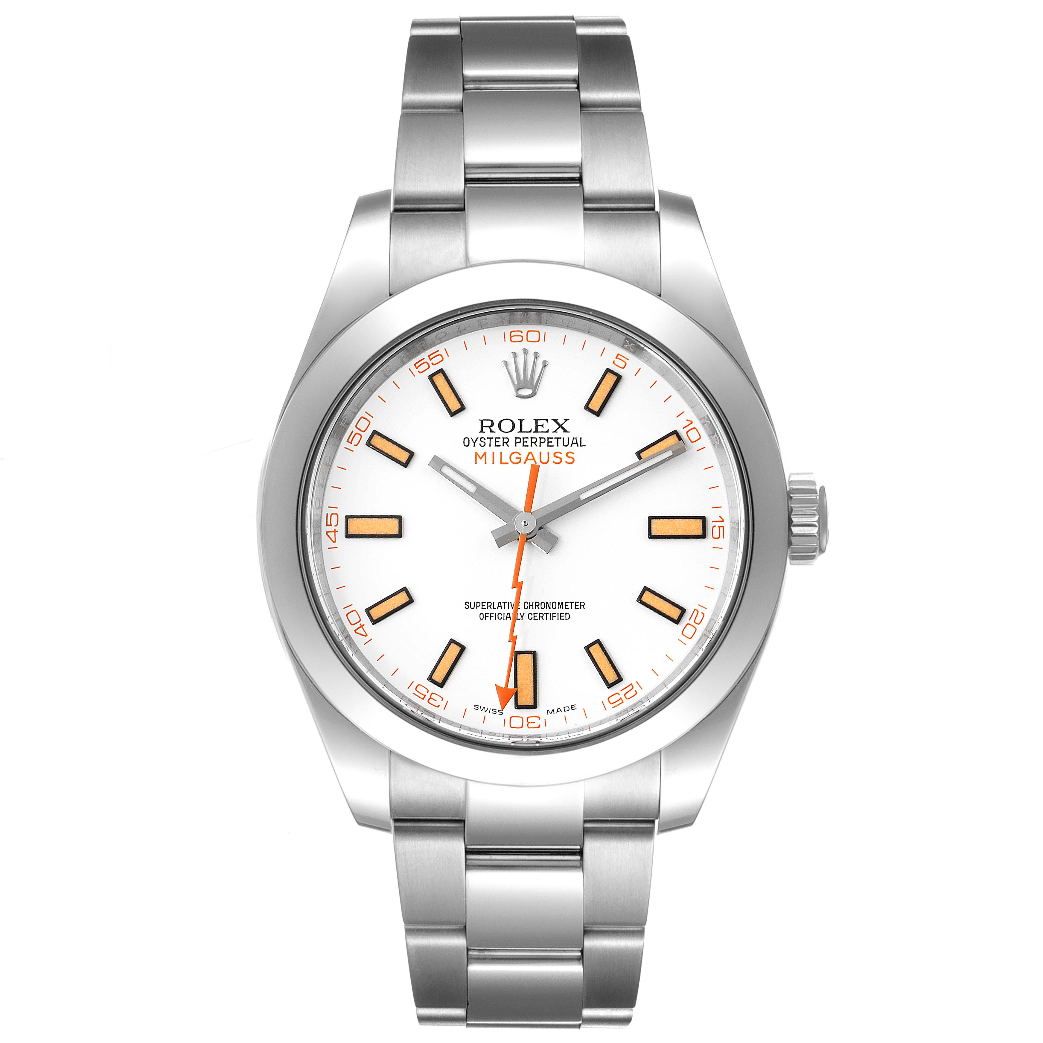 The image shows a front angle of a Rolex Milgauss 116400 Men's Stainless Steel White Dial 116400 Men's Stainless Steel White Dial watch, highlighting its bracelet, bezel, dial, and crown.