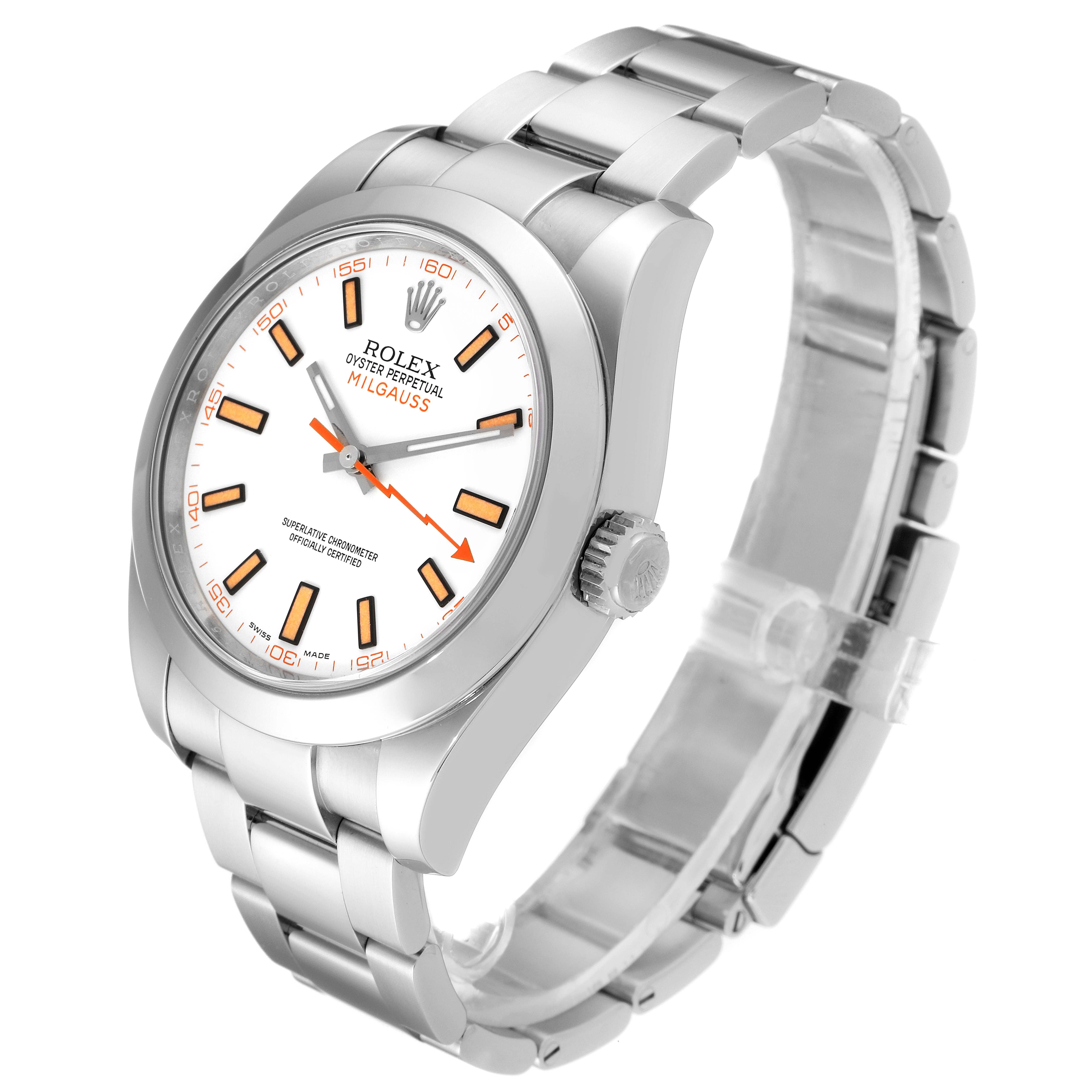 The Rolex Milgauss 116400 Men's Stainless Steel White Dial 116400 Men's Stainless Steel White Dial watch is shown at a three-quarter angle, highlighting the watch face, bracelet, and crown.