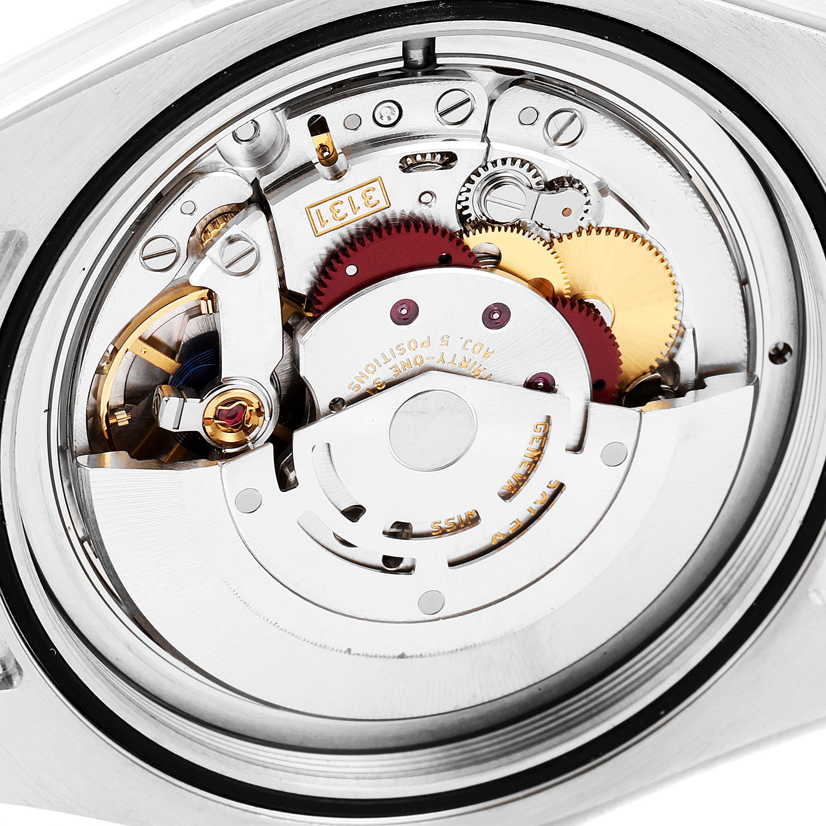 This image shows the detailed internal movement of a Rolex Milgauss 116400 Men's Stainless Steel White Dial 116400 Men's Stainless Steel White Dial watch from a close-up, back angle.