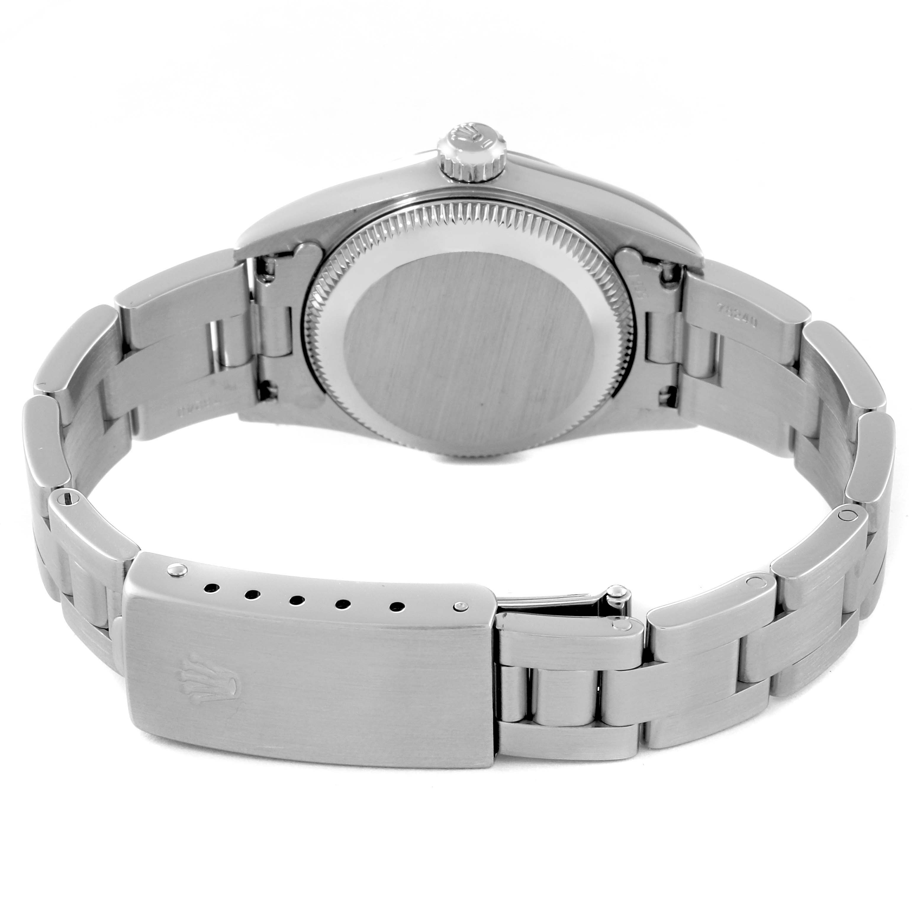 The image shows the back view of a Rolex Oyster Perpetual 76030 Women's Stainless Steel Blue Dial 76030 Women's Stainless Steel Blue Dial watch, highlighting its case, crown, and bracelet with clasp.