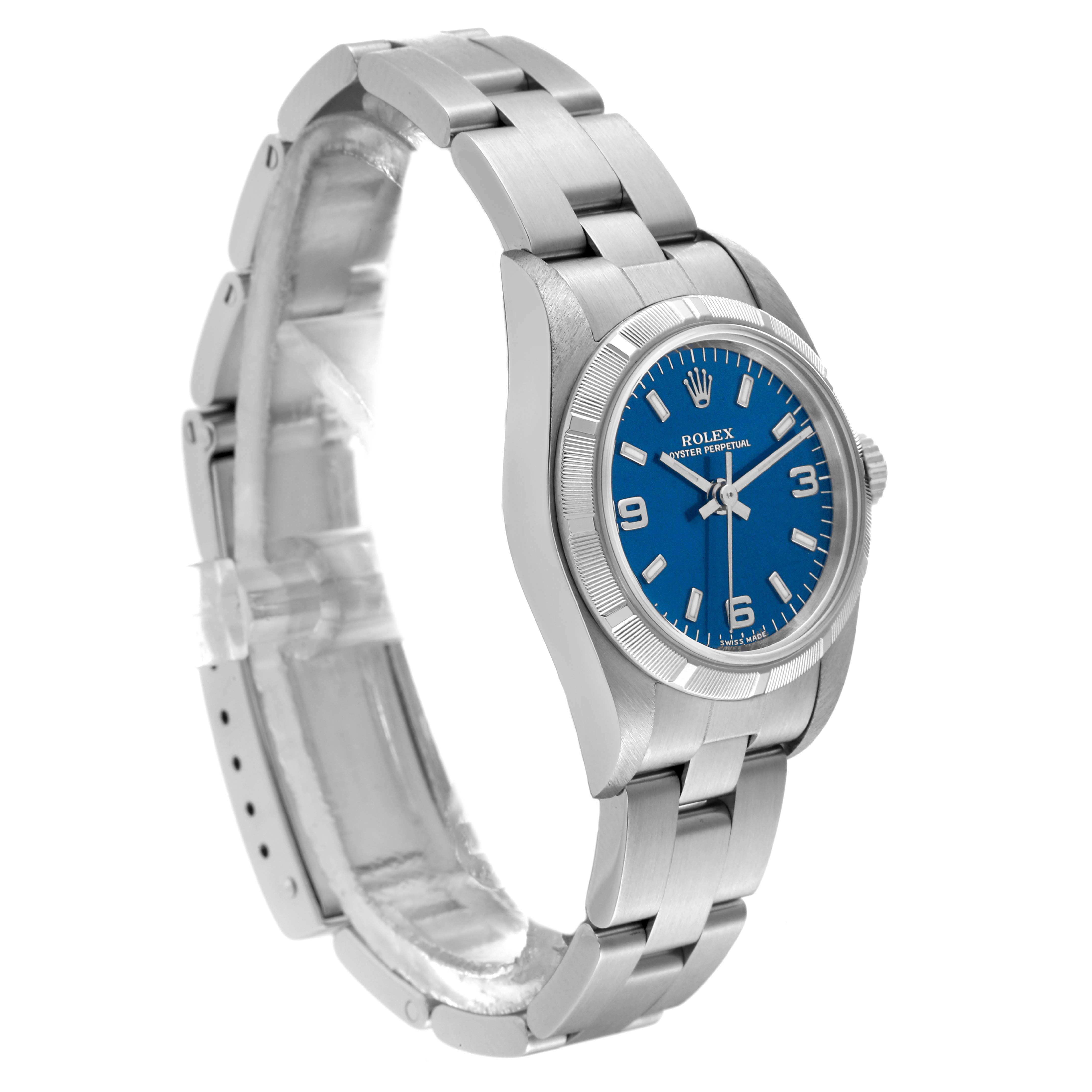The image shows a side profile of a Rolex Oyster Perpetual 76030 Women's Stainless Steel Blue Dial 76030 Women's Stainless Steel Blue Dial watch, highlighting its blue dial and stainless steel bracelet.