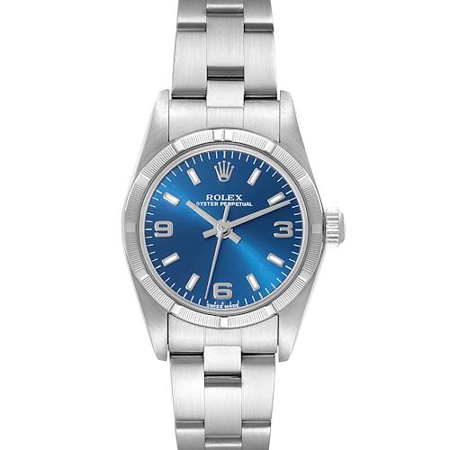 The image shows a front view of a Rolex Oyster Perpetual watch highlighting its blue dial, stainless steel case, and bracelet.