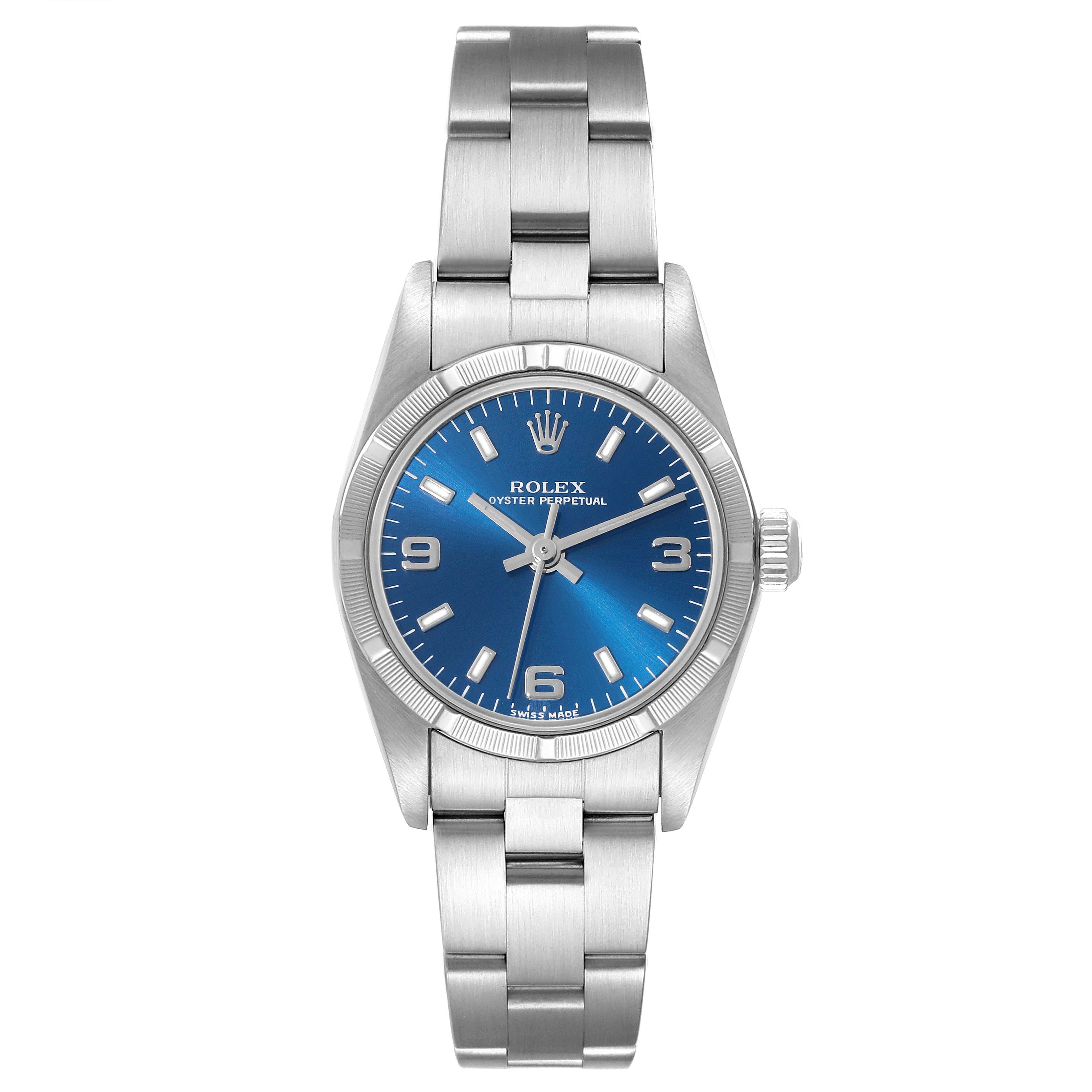 This is a front view of a Rolex Oyster Perpetual 76030 Women's Stainless Steel Blue Dial 76030 Women's Stainless Steel Blue Dial watch showing the face, dial, hands, bracelet, and crown.