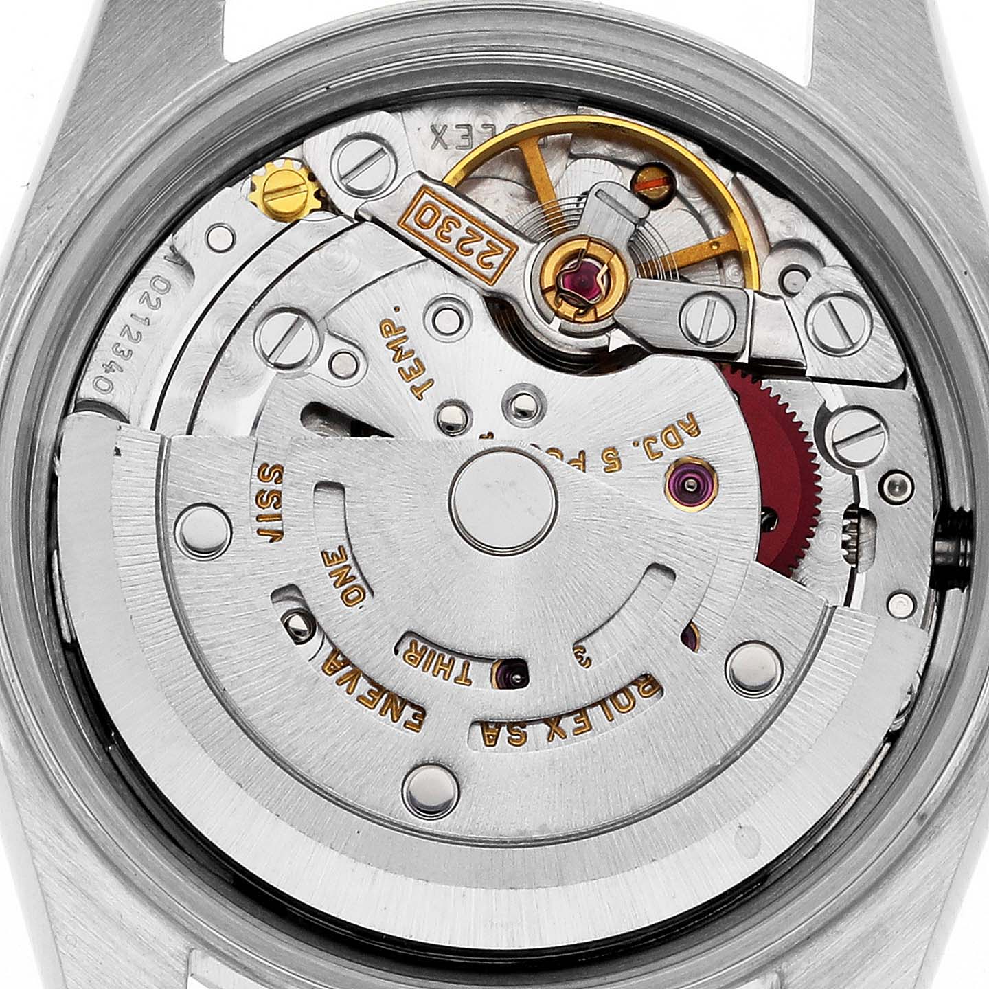 This image shows the backside view of the Rolex Oyster Perpetual 76030 Women's Stainless Steel Blue Dial 76030 Women's Stainless Steel Blue Dial model, highlighting its intricate internal mechanism.