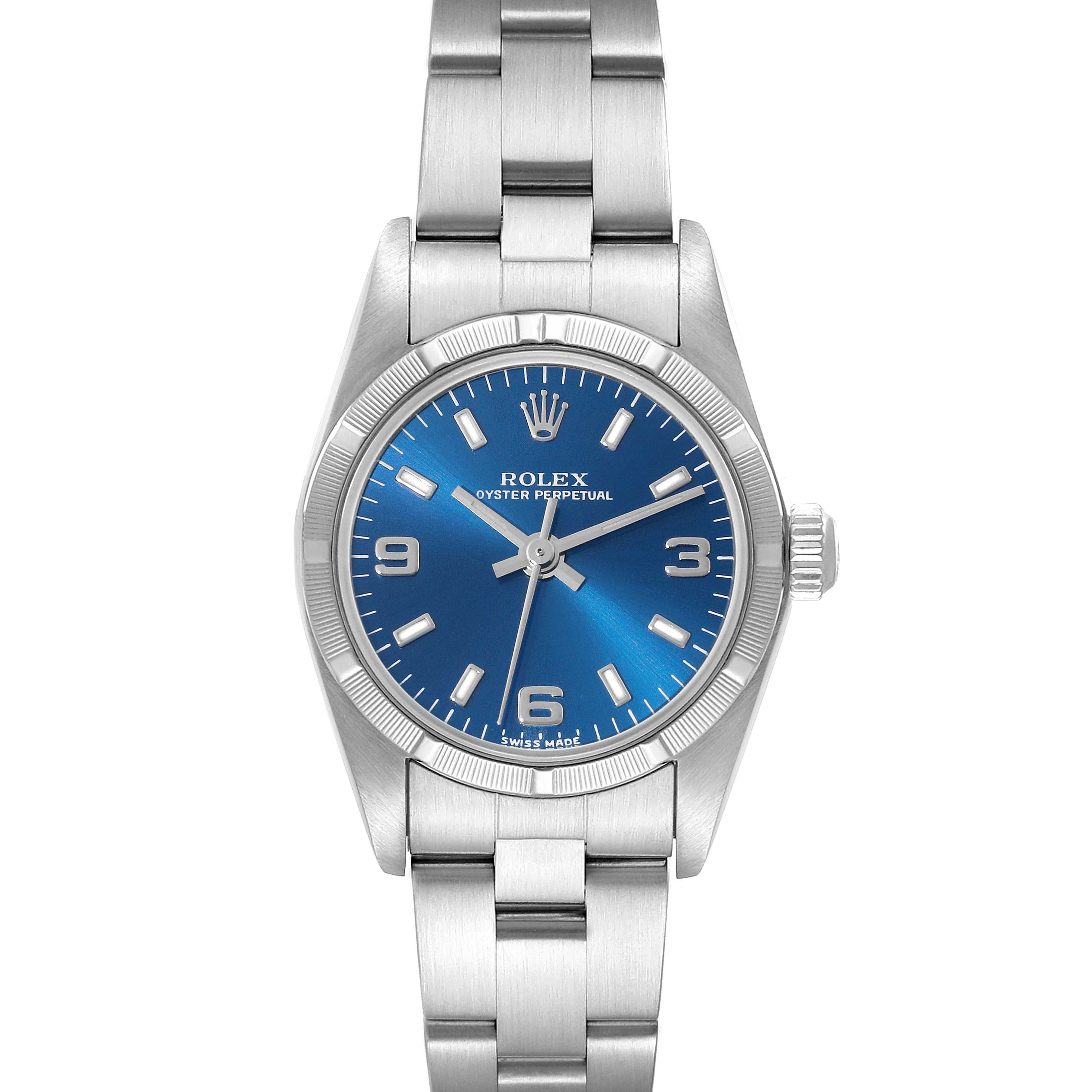 The image shows a front view of a Rolex Oyster Perpetual 76030 Women's Stainless Steel Blue Dial 76030 Women's Stainless Steel Blue Dial watch, highlighting its blue dial and stainless steel bracelet.