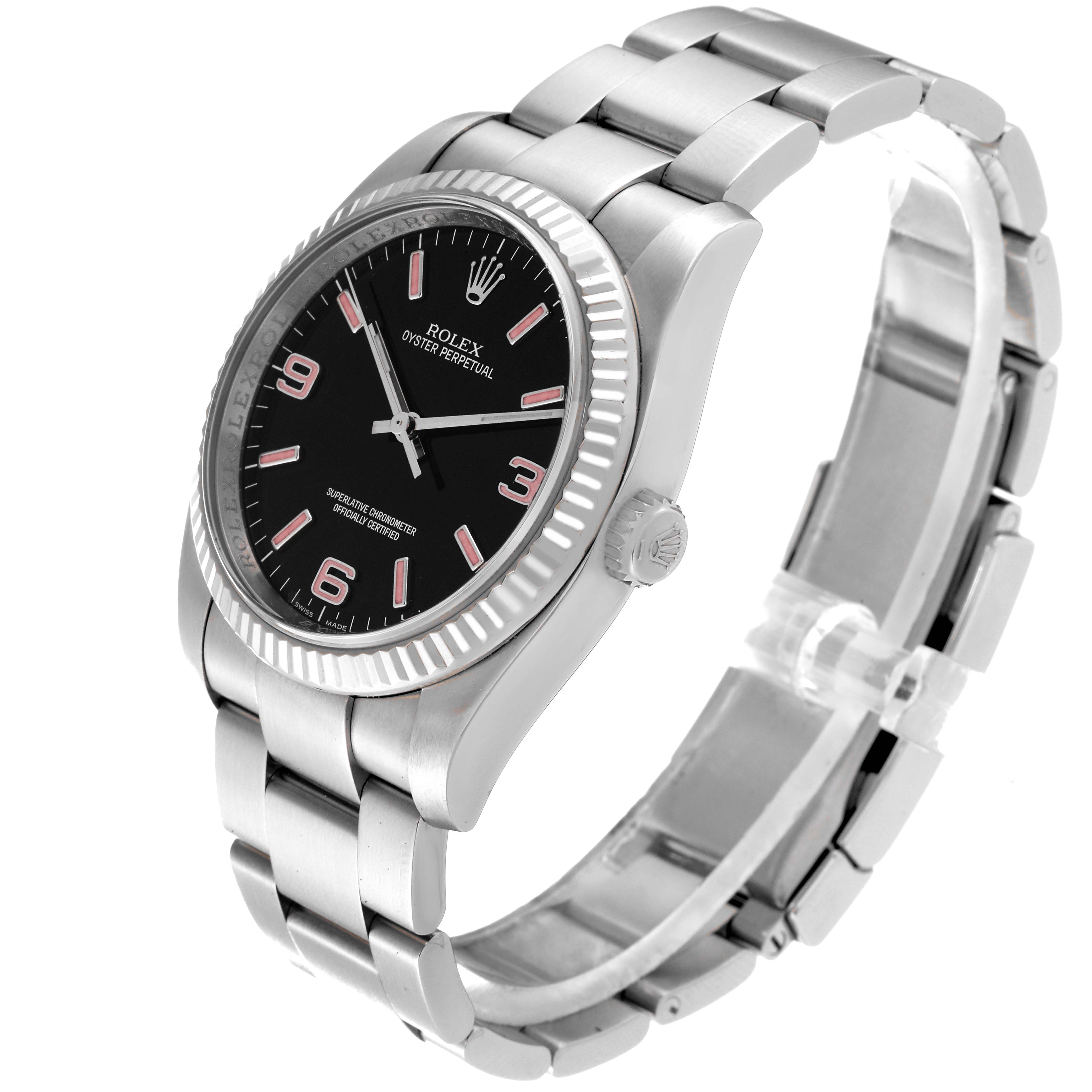 This image shows a Rolex Oyster Perpetual 116034 Men's Stainless Steel Black Dial 116034 Men's Stainless Steel Black Dial watch angled from the front-right, displaying the face, bezel, crown, and bracelet.