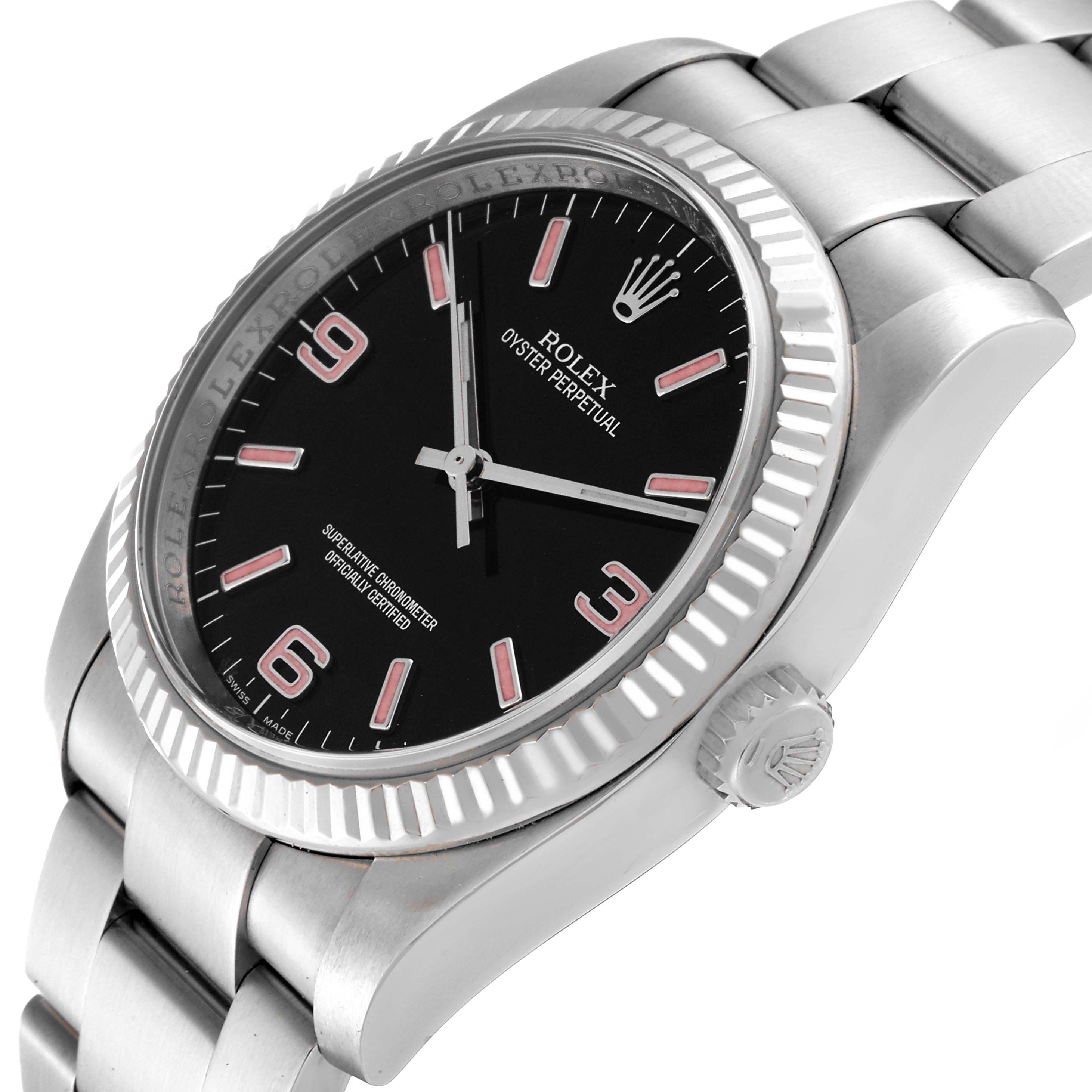 The image shows a close-up, angled view of the Rolex Oyster Perpetual 116034 Men's Stainless Steel Black Dial 116034 Men's Stainless Steel Black Dial watch, highlighting the dial, bezel, and part of the bracelet.