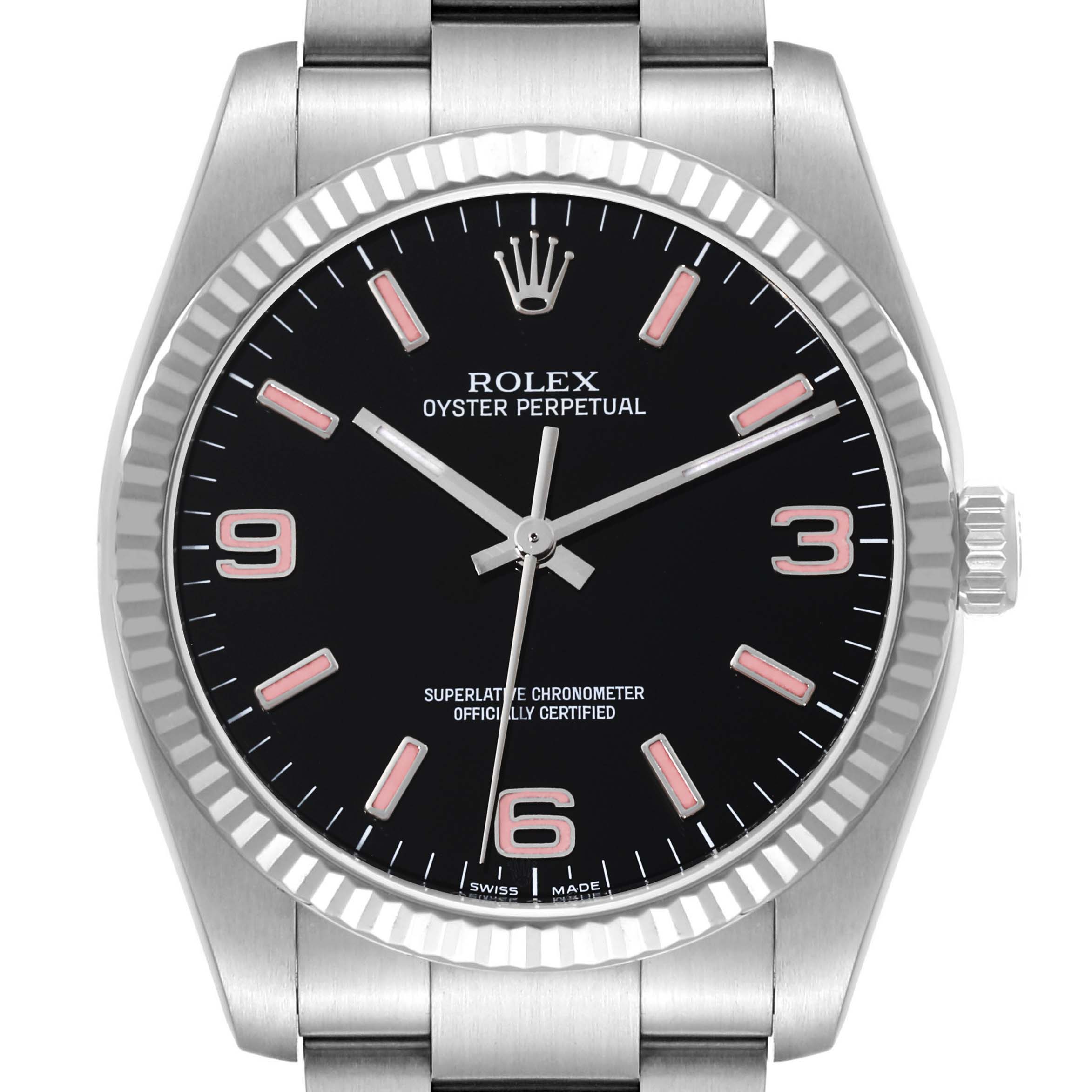 This image shows a frontal view of the Rolex Oyster Perpetual 116034 Men's Stainless Steel Black Dial 116034 Men's Stainless Steel Black Dial watch, highlighting its black dial, fluted bezel, and stainless steel bracelet.