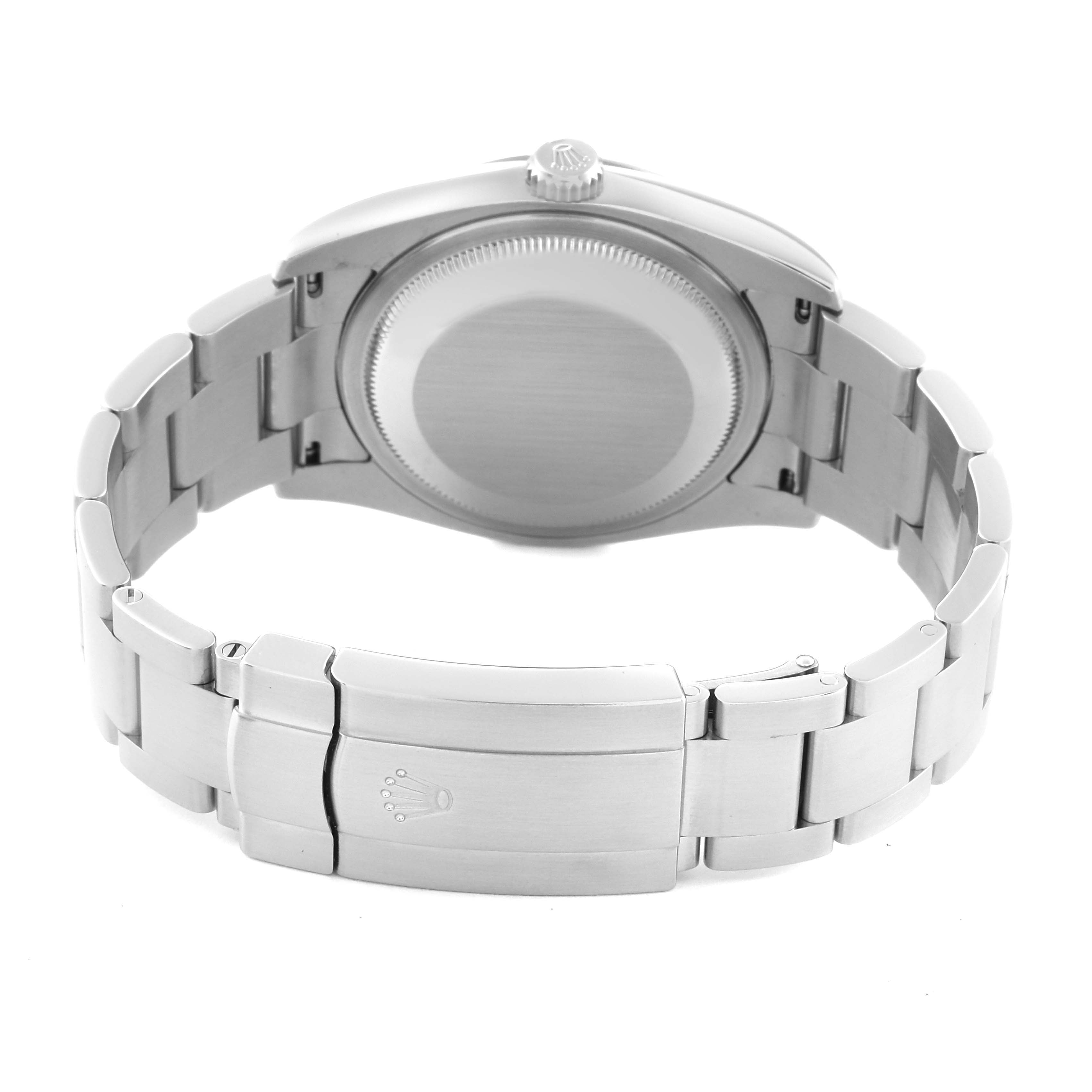 The image shows the back of the Rolex Oyster Perpetual 116034 Men's Stainless Steel Black Dial 116034 Men's Stainless Steel Black Dial watch, focusing on the case back and stainless steel bracelet clasp.