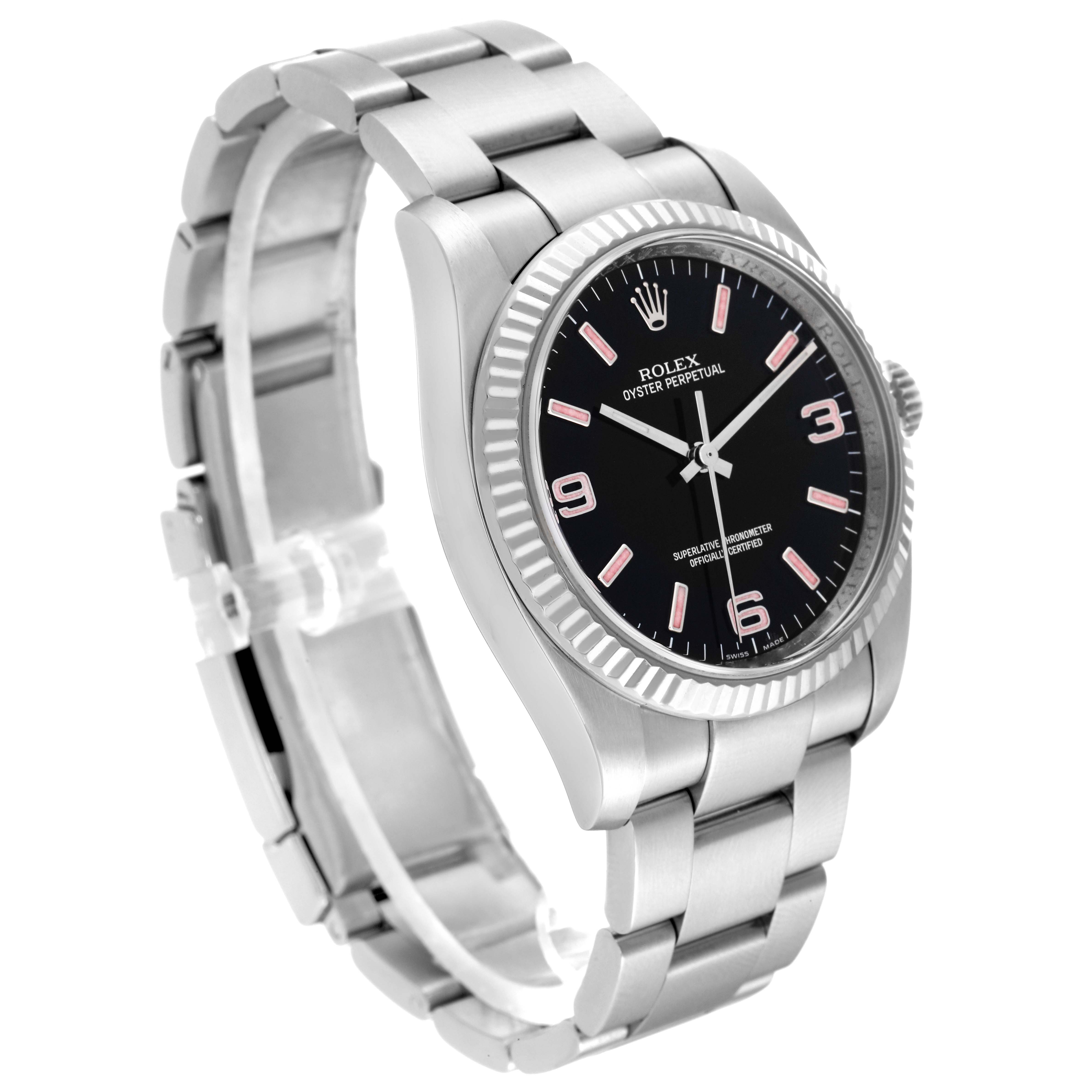 The image shows a Rolex Oyster Perpetual 116034 Men's Stainless Steel Black Dial 116034 Men's Stainless Steel Black Dial watch at a three-quarter angle highlighting its black dial, fluted bezel, and metal bracelet.