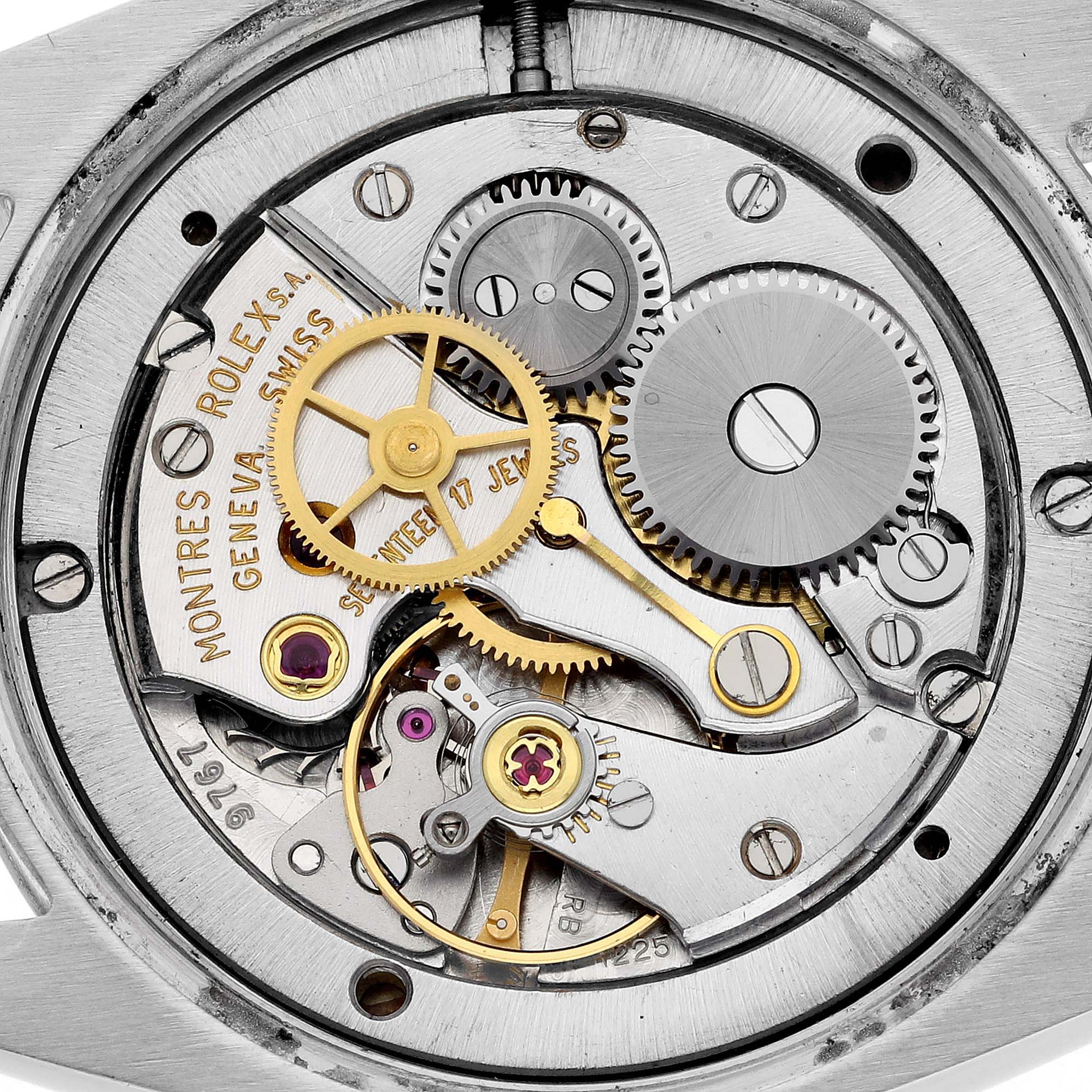 This image shows the internal mechanical movement of a Rolex Vintage Collection 6694 Men's Stainless Steel Black Dial 6694 Men's Stainless Steel Black Dial watch from a top-down angle.