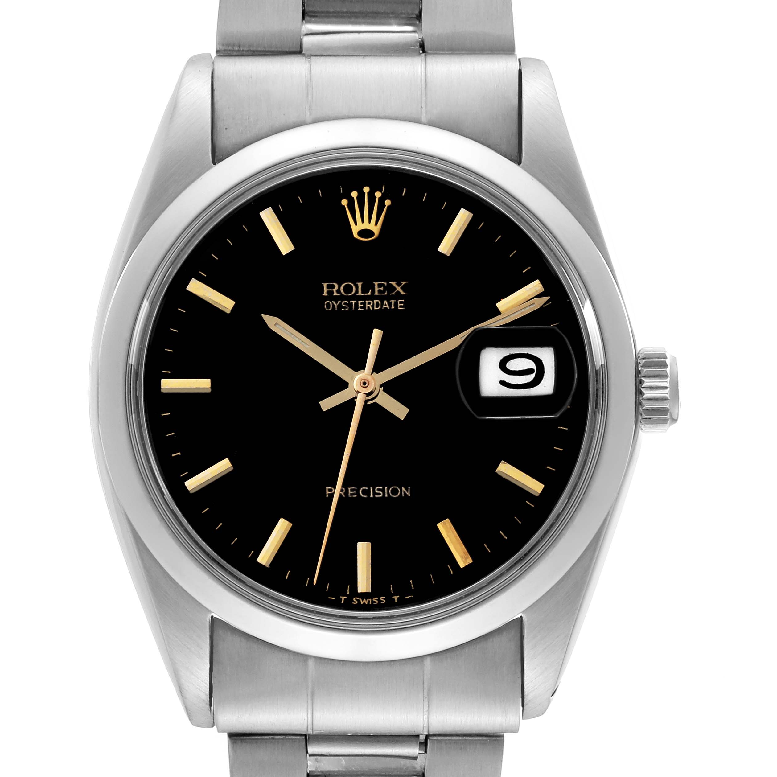 This is a front view of a Rolex Vintage Collection 6694 Men's Stainless Steel Black Dial 6694 Men's Stainless Steel Black Dial watch, showcasing its bezel, crown, dial, and bracelet.
