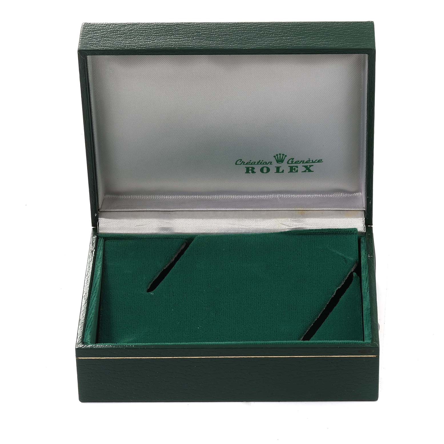 The image shows an empty green display box for the Rolex Vintage Collection 6694 Men's Stainless Steel Black Dial 6694 Men's Stainless Steel Black Dial watch, viewed from the front with an open lid.