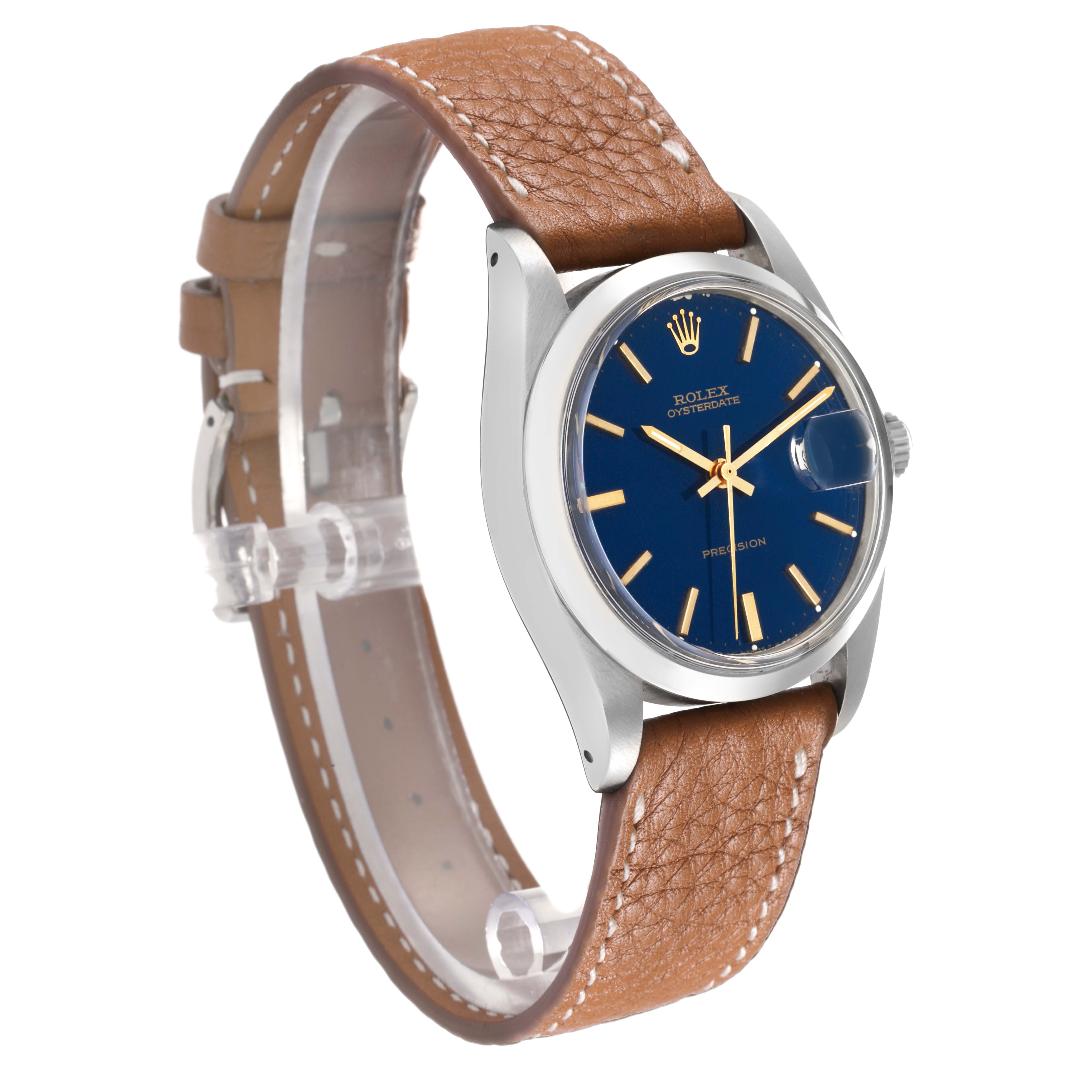 The Rolex Vintage Collection 6694 Men
s Stainless Steel Blue Dial watch is shown at a three-quarter angle, displaying the dial, case, and leather strap.