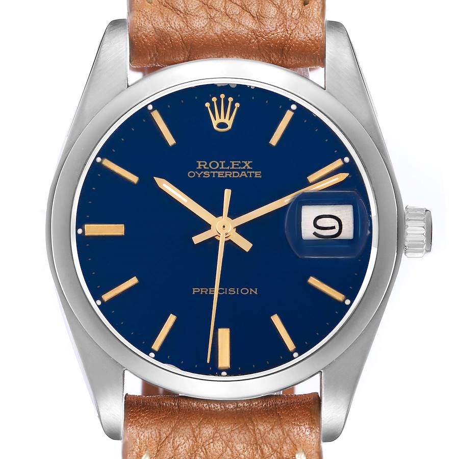 The image shows a front view of a Rolex Vintage Collection men
s watch, model number 6694, highlighting its blue dial, indices, hands, and date window.