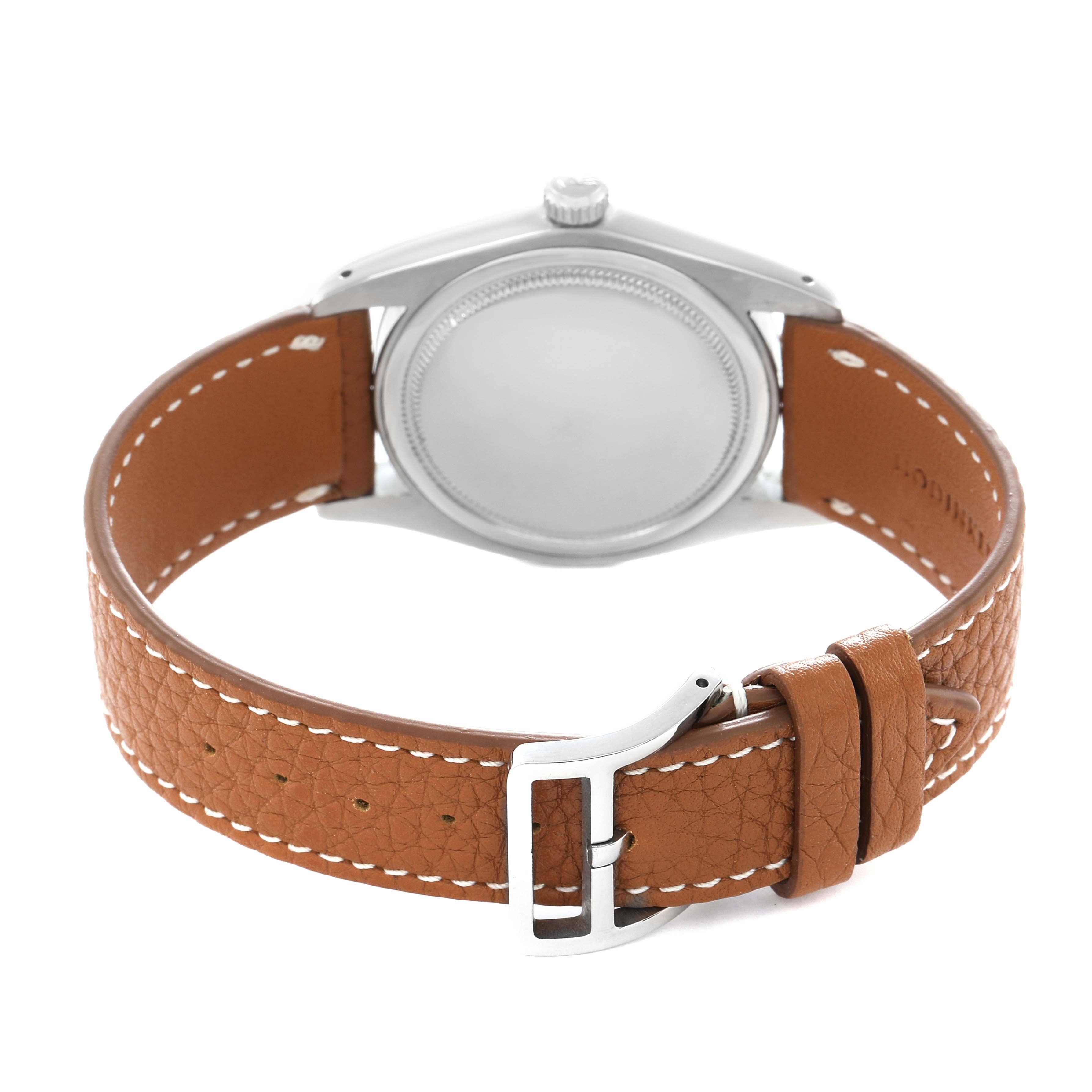 The Rolex Vintage Collection 6694 Men
s Stainless Steel Blue Dial watch is shown from the back, highlighting the case, crown, and brown leather strap with a buckle.