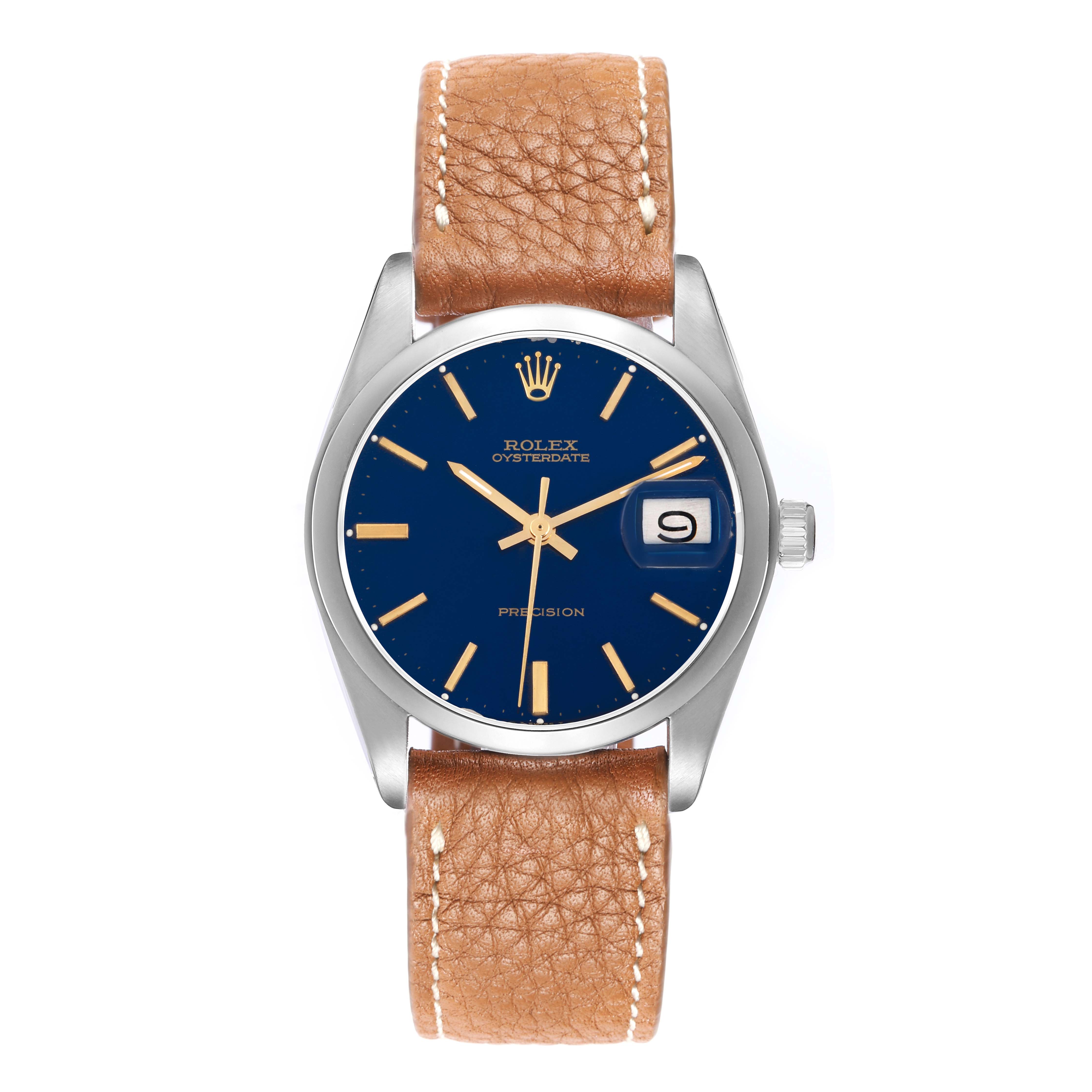 The Rolex Vintage Collection 6694 Men
s Stainless Steel Blue Dial watch is shown from a top-down angle, highlighting the blue dial, date feature, and brown leather strap.