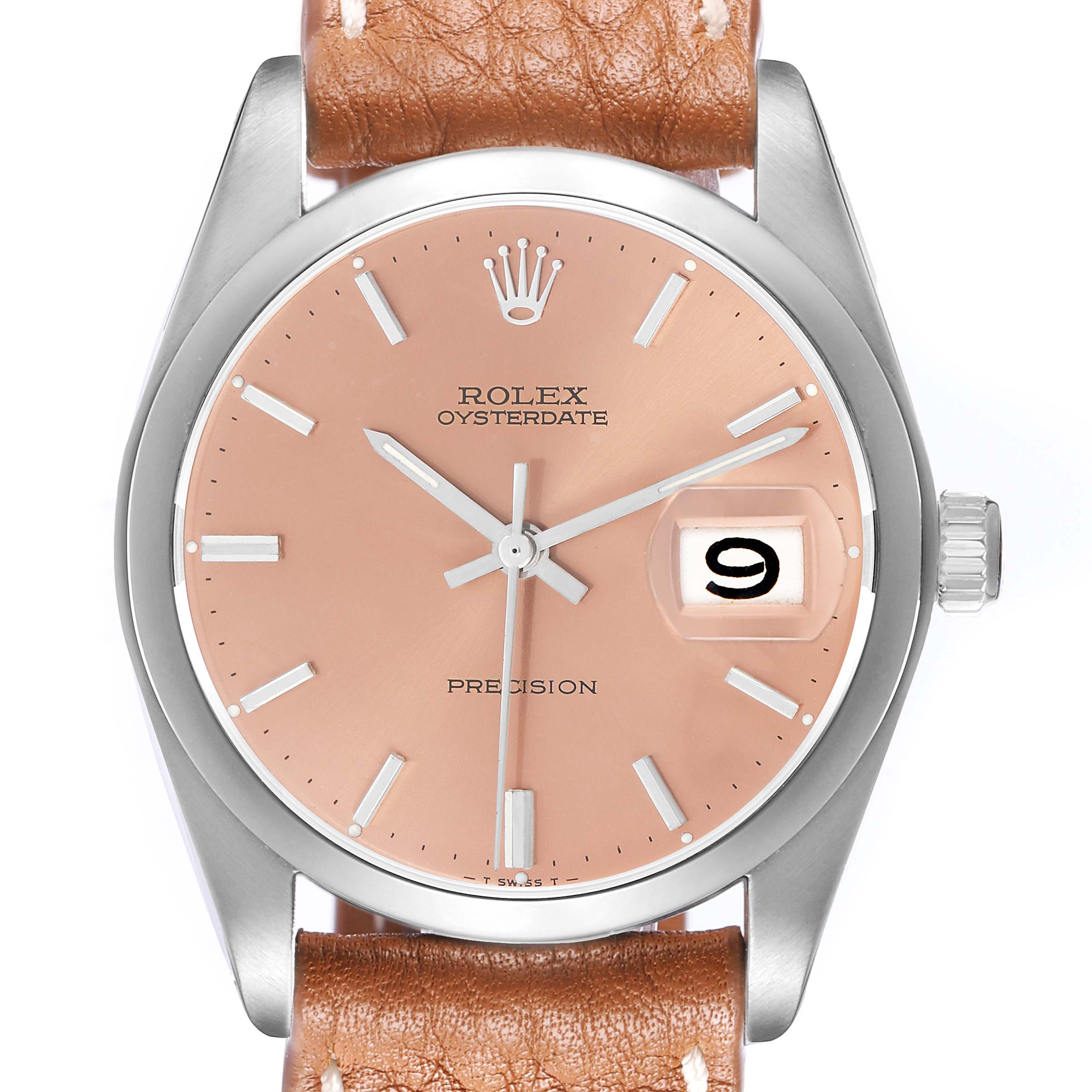 The Rolex Vintage Collection 6694 Men
s Stainless Steel Pink Dial watch is shown from the front, displaying the dial, crown, and leather strap.