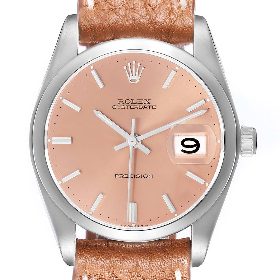 The image shows a Rolex Vintage Collection model 6694 men
s watch, displaying the entire face and crown from a front angle, with a brown leather strap.
