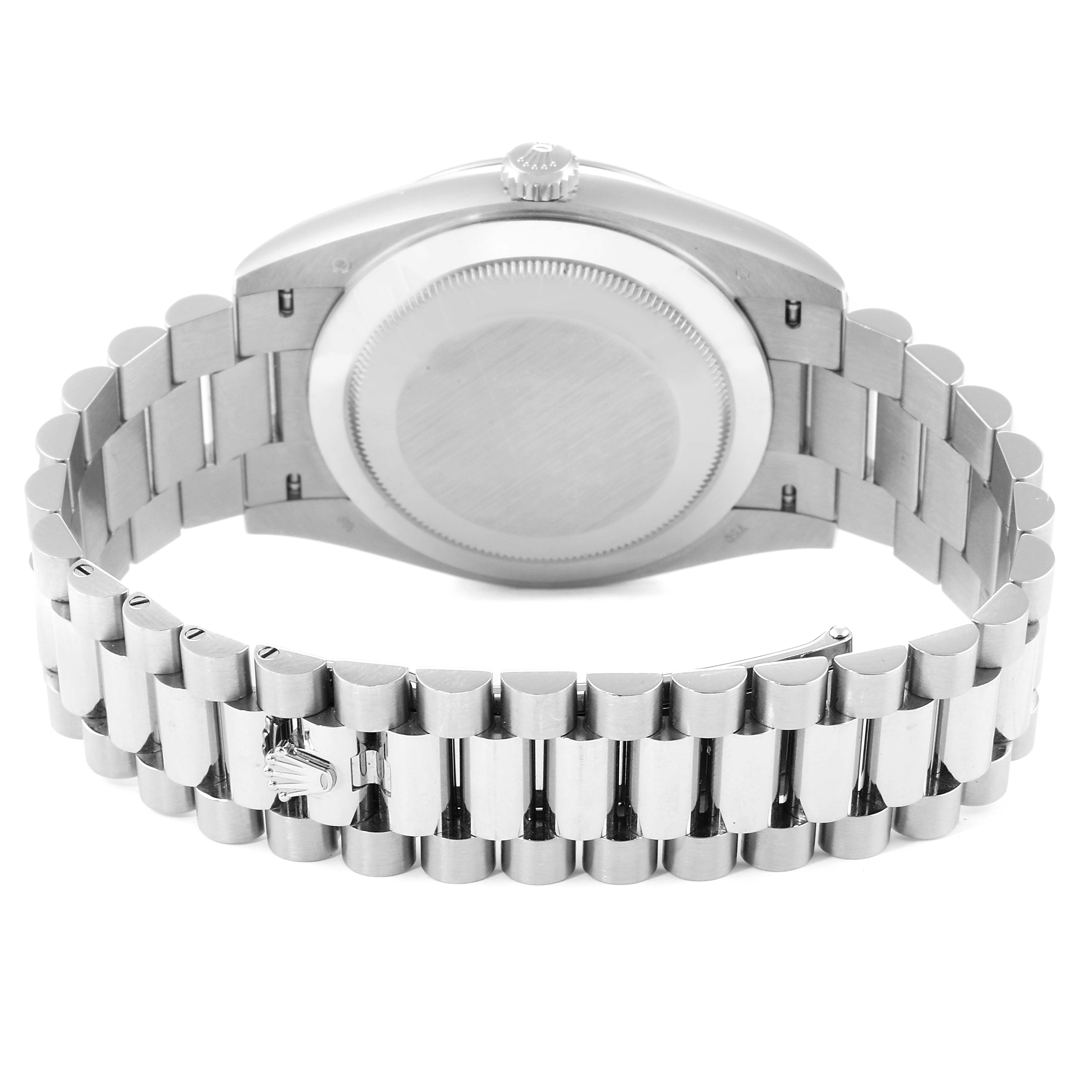 The image shows the back case and the bracelet of a Rolex President 228239 Men's White Gold Green Dial 228239 Men's White Gold Green Dial model watch from a rear angle.