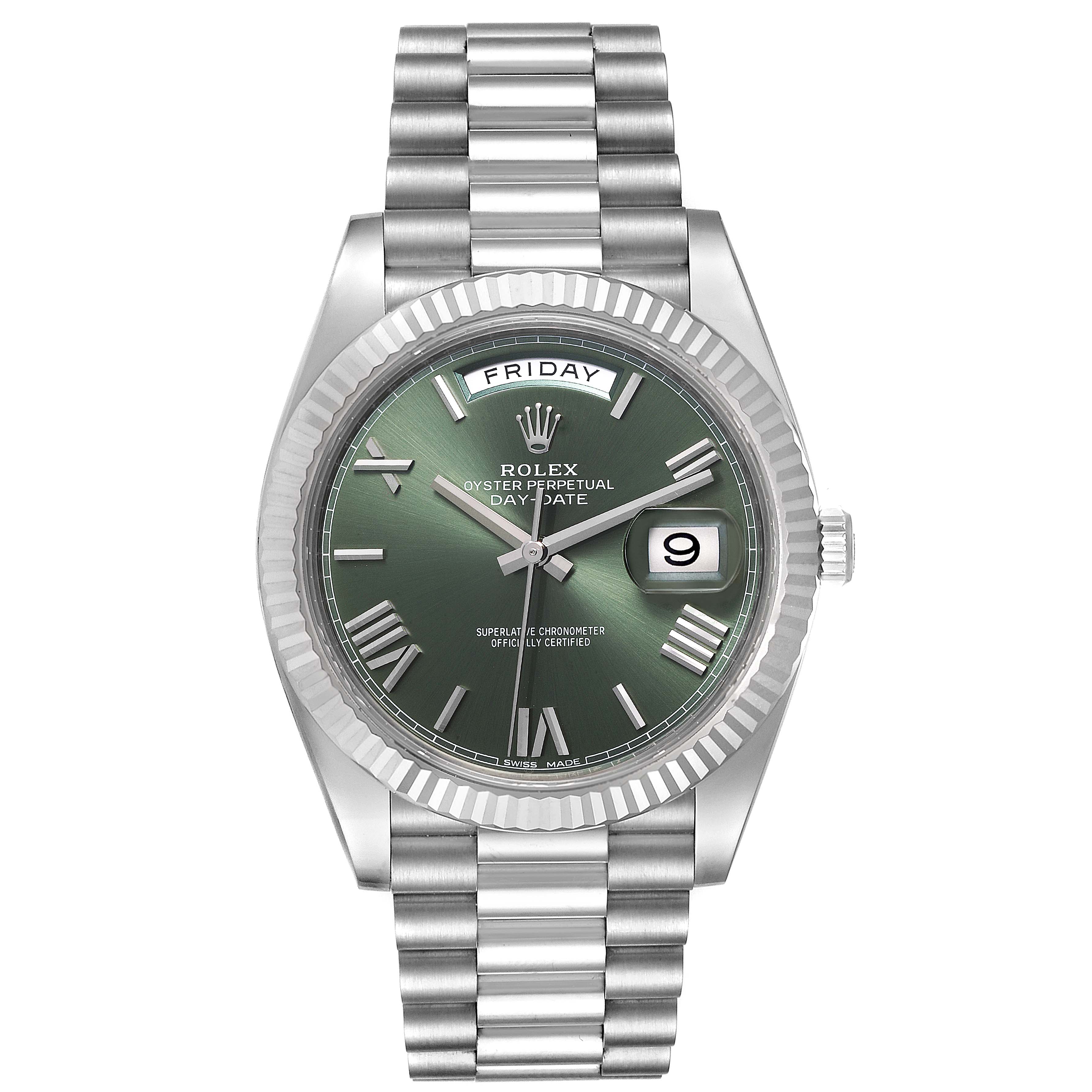 The image shows a frontal view of a Rolex President 228239 Men's White Gold Green Dial 228239 Men's White Gold Green Dial model watch, displaying the dial, bracelet, and crown.