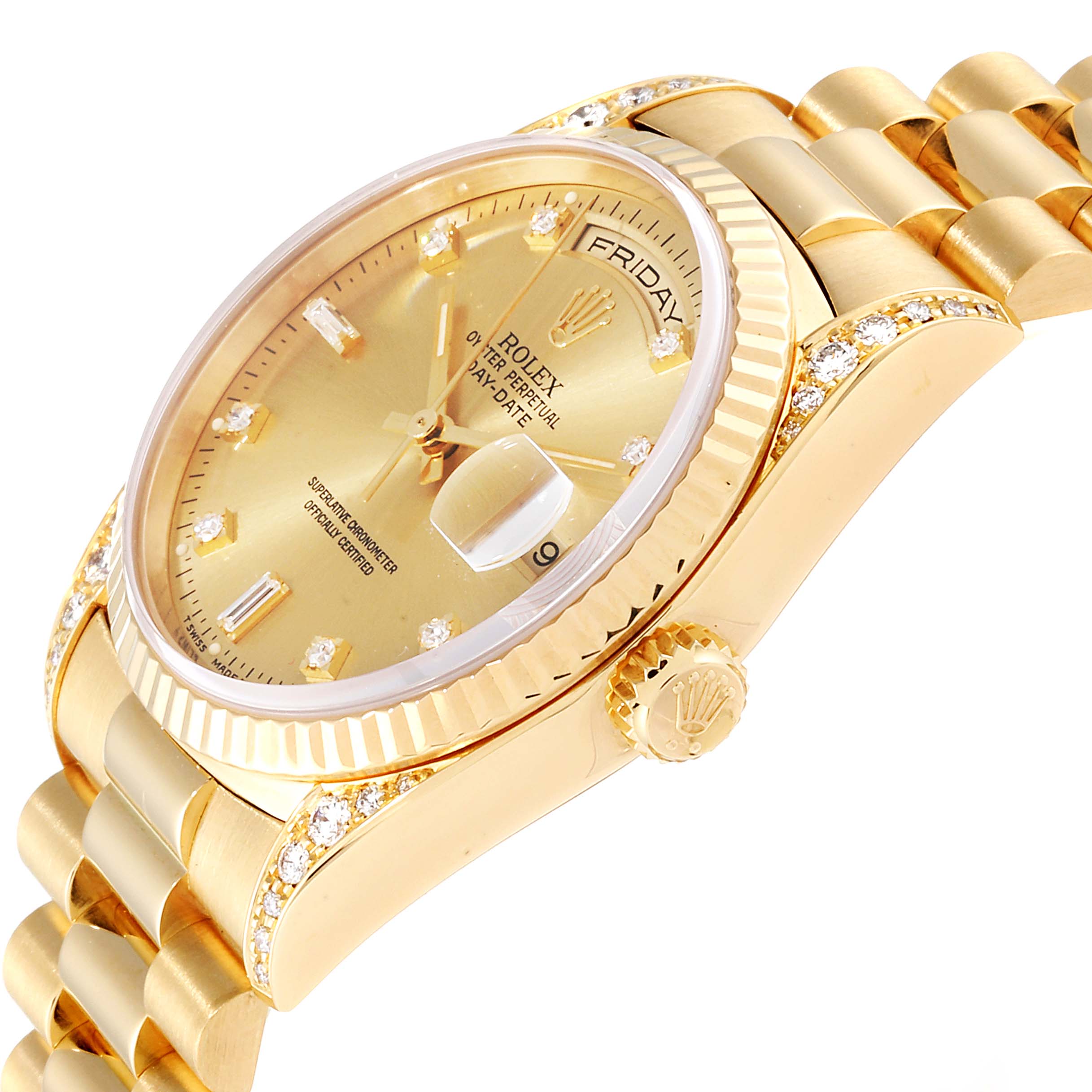 The image shows a close-up side angle of a Rolex President 18338 Men
s Yellow Gold Champagne Dial 18338 Men
s Yellow Gold Champagne Dial model watch, highlighting the dial, crown, and band.