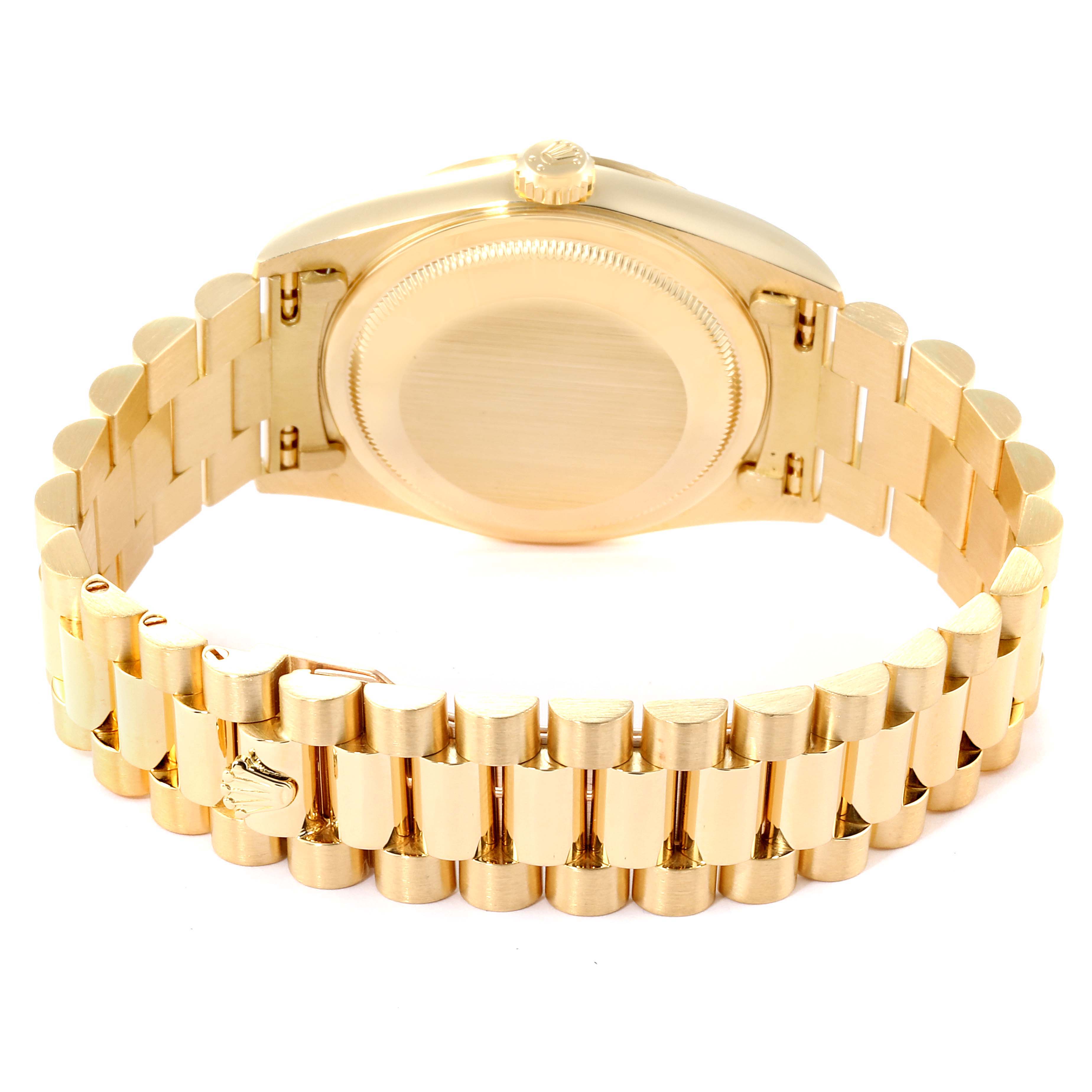 The image shows the back view and bracelet of a gold Rolex President 18338 Men
s Yellow Gold Champagne Dial 18338 Men
s Yellow Gold Champagne Dial model watch.