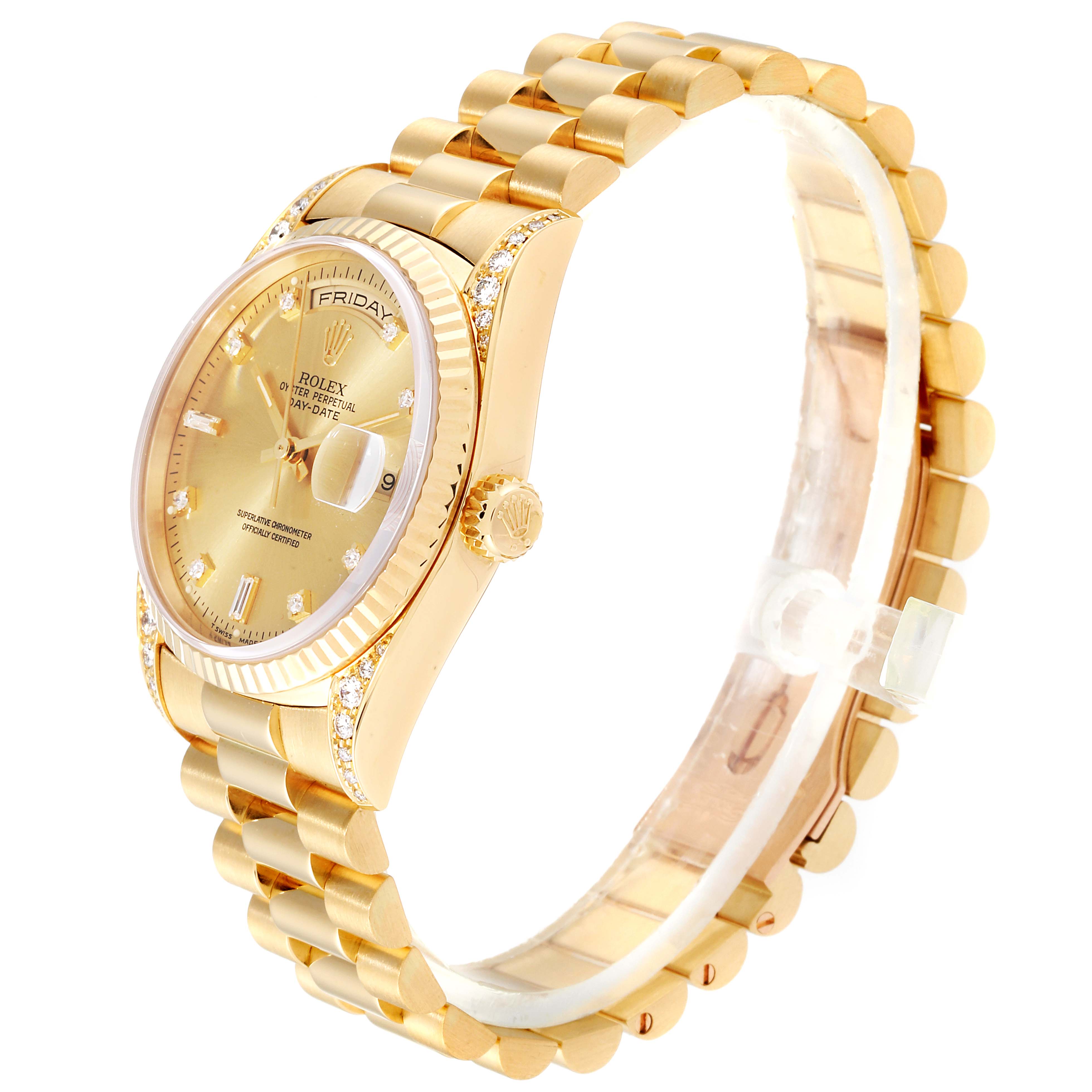 The Rolex President 18338 Men
s Yellow Gold Champagne Dial 18338 Men
s Yellow Gold Champagne Dial model watch is shown from a side angle, displaying the face, bezel, crown, and band.
