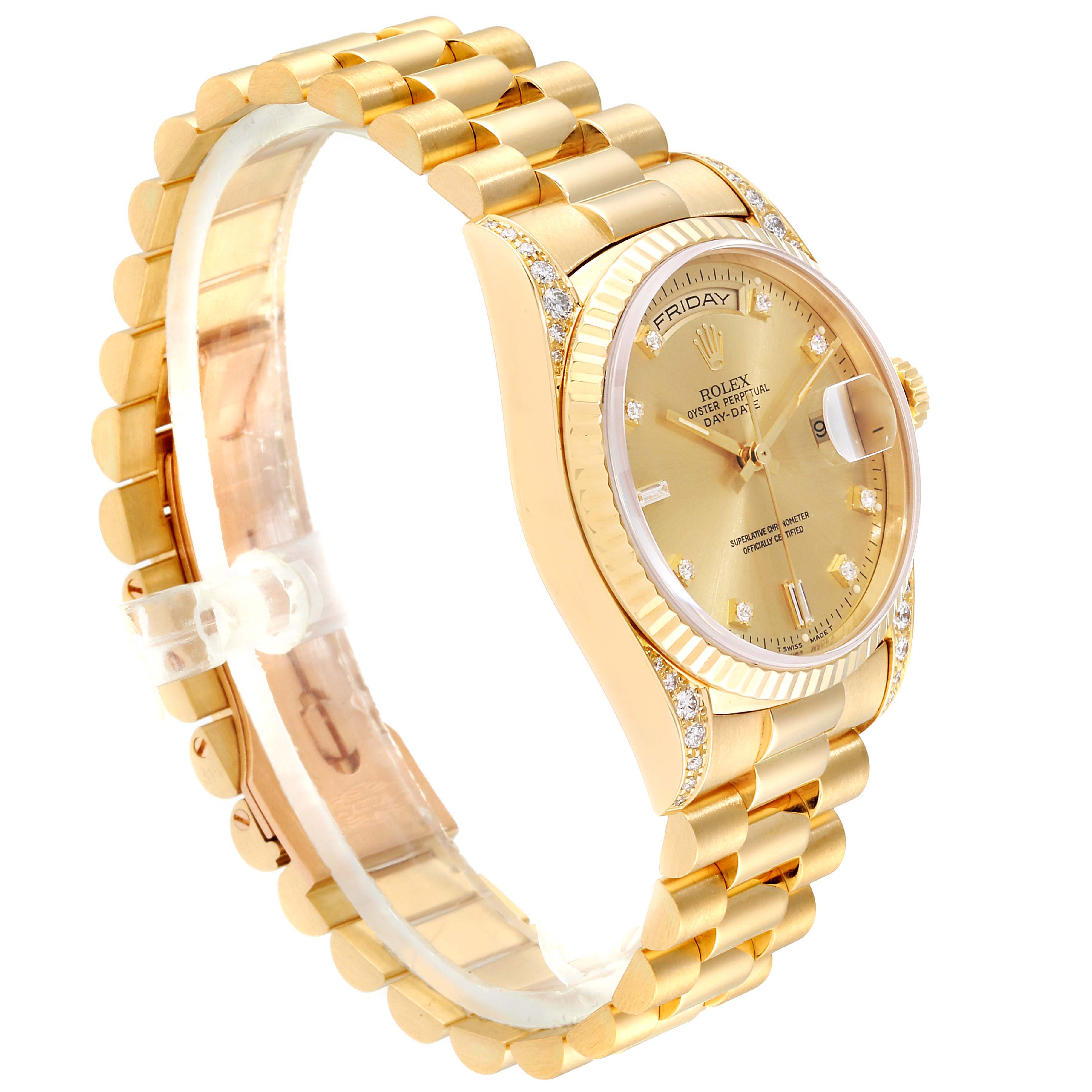 The image shows a side view of a Rolex President 18338 Men
s Yellow Gold Champagne Dial 18338 Men
s Yellow Gold Champagne Dial model watch, highlighting the gold bracelet, case, and diamond-accented bezel.