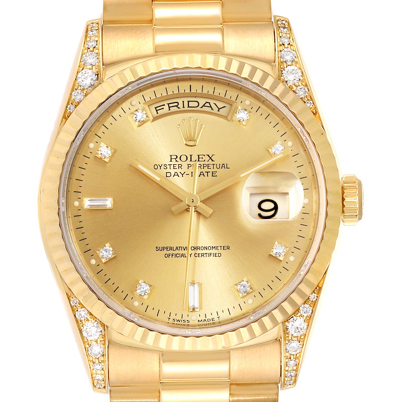 Rolex President Day Date Yellow Gold Diamond Lugs Watch 18338 Box Papers SwissWatchExpo