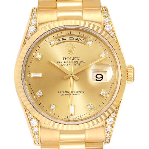 Photo of Rolex President Day Date Yellow Gold Diamond Lugs Watch 18338 Box Papers