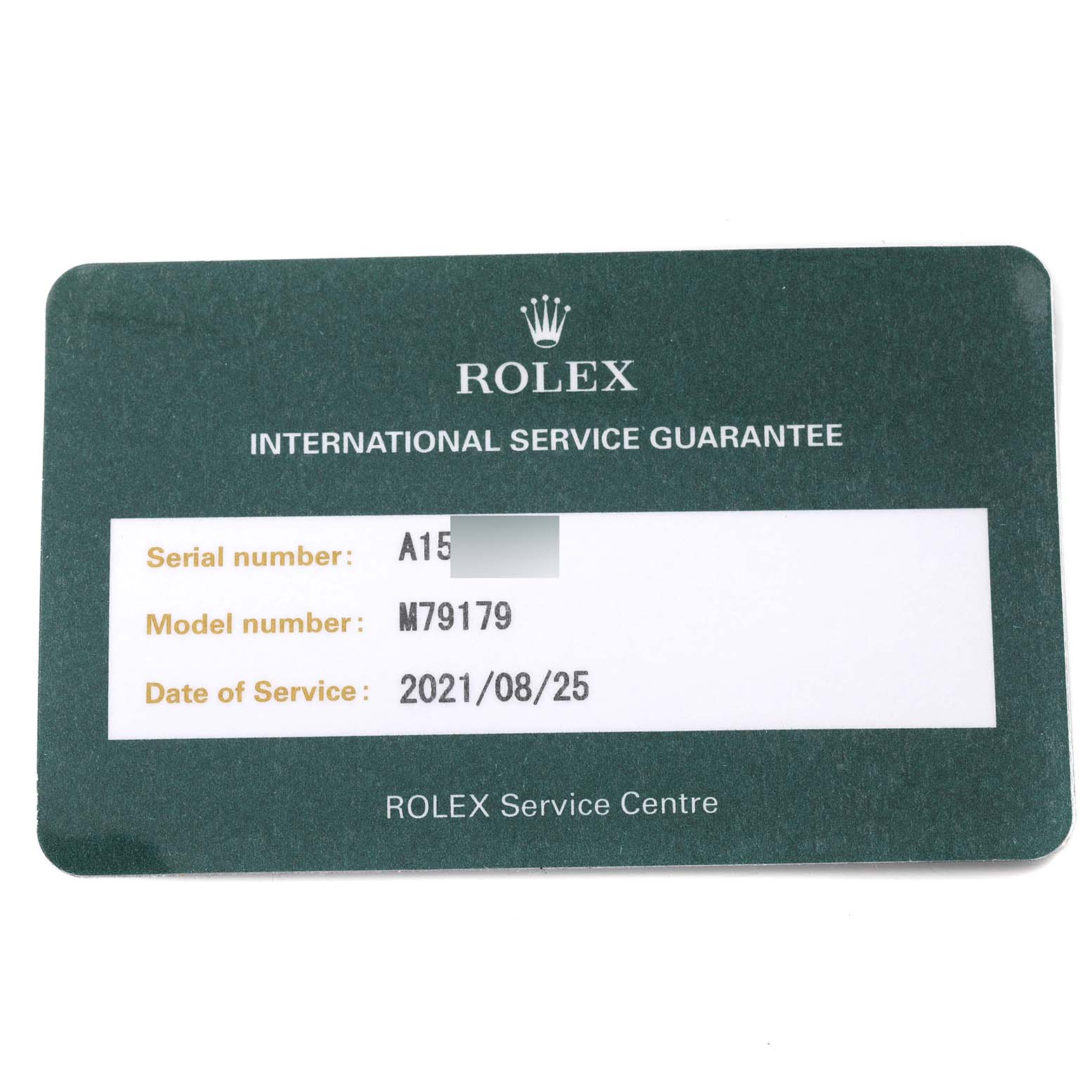 This is a Rolex service guarantee card for the President model, showing the serial number, model number, and date of service.