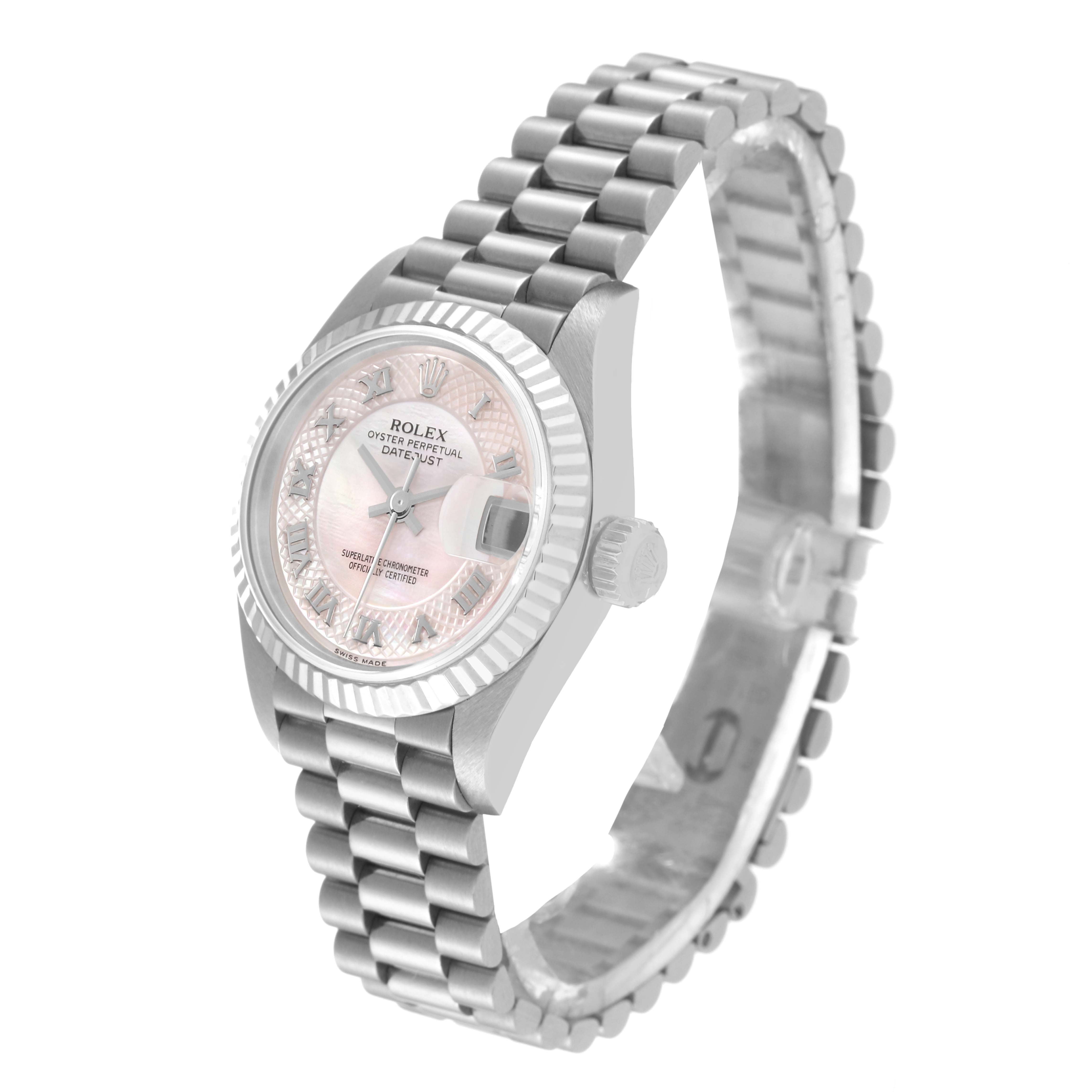 The image shows a Rolex President 79179 Women's White Gold Mother of Pearl Dial 79179 Women's White Gold Mother of Pearl Dial model watch at a three-quarter angle, highlighting its dial, bezel, crown, and bracelet.