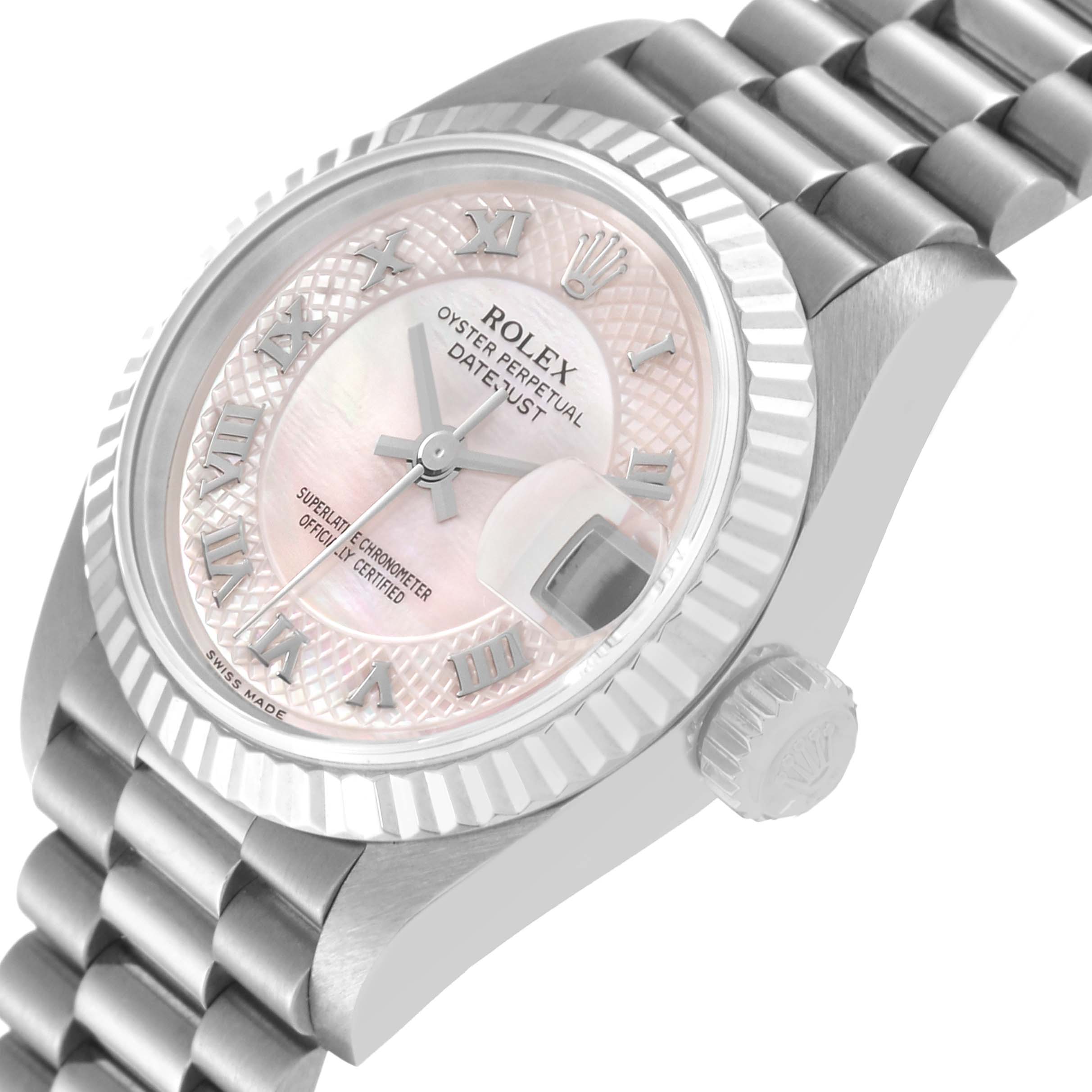 The Rolex President 79179 Women's White Gold Mother of Pearl Dial 79179 Women's White Gold Mother of Pearl Dial watch is shown from an angled view, highlighting the dial, bezel, crown, and part of the bracelet.