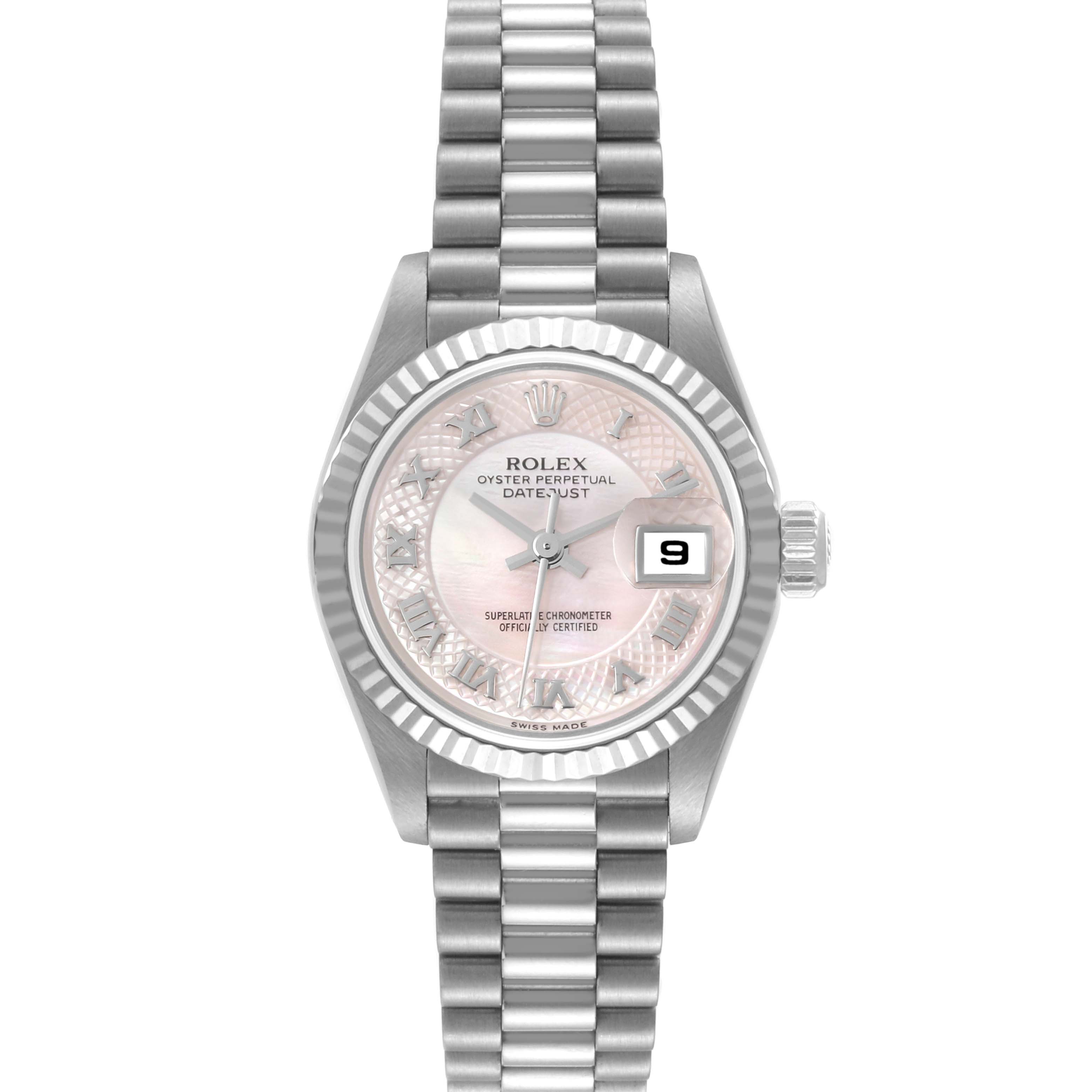 The image shows a front view of a Rolex President 79179 Women's White Gold Mother of Pearl Dial 79179 Women's White Gold Mother of Pearl Dial model watch, featuring its face, bezel, and bracelet.