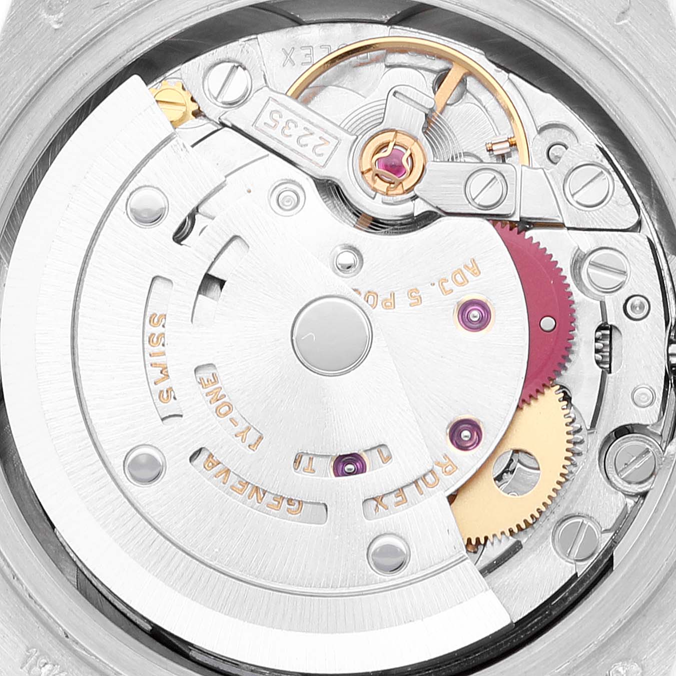 This image shows the internal mechanism and movement of a Rolex President 79179 Women's White Gold Mother of Pearl Dial 79179 Women's White Gold Mother of Pearl Dial model watch from a top-down angle.