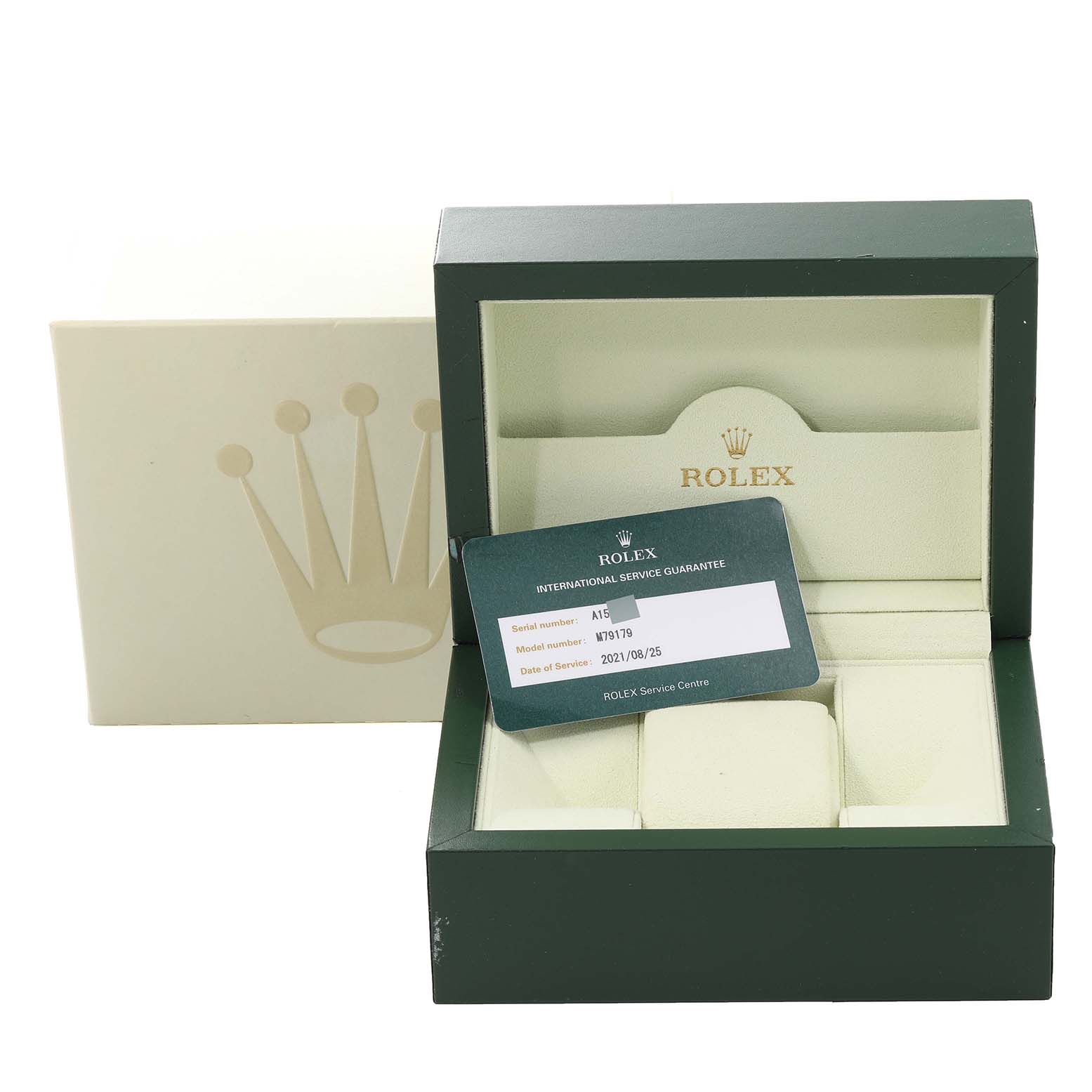 The image shows the Rolex President 79179 Women's White Gold Mother of Pearl Dial 79179 Women's White Gold Mother of Pearl Dial model watch box partially open with the international service guarantee card displayed.