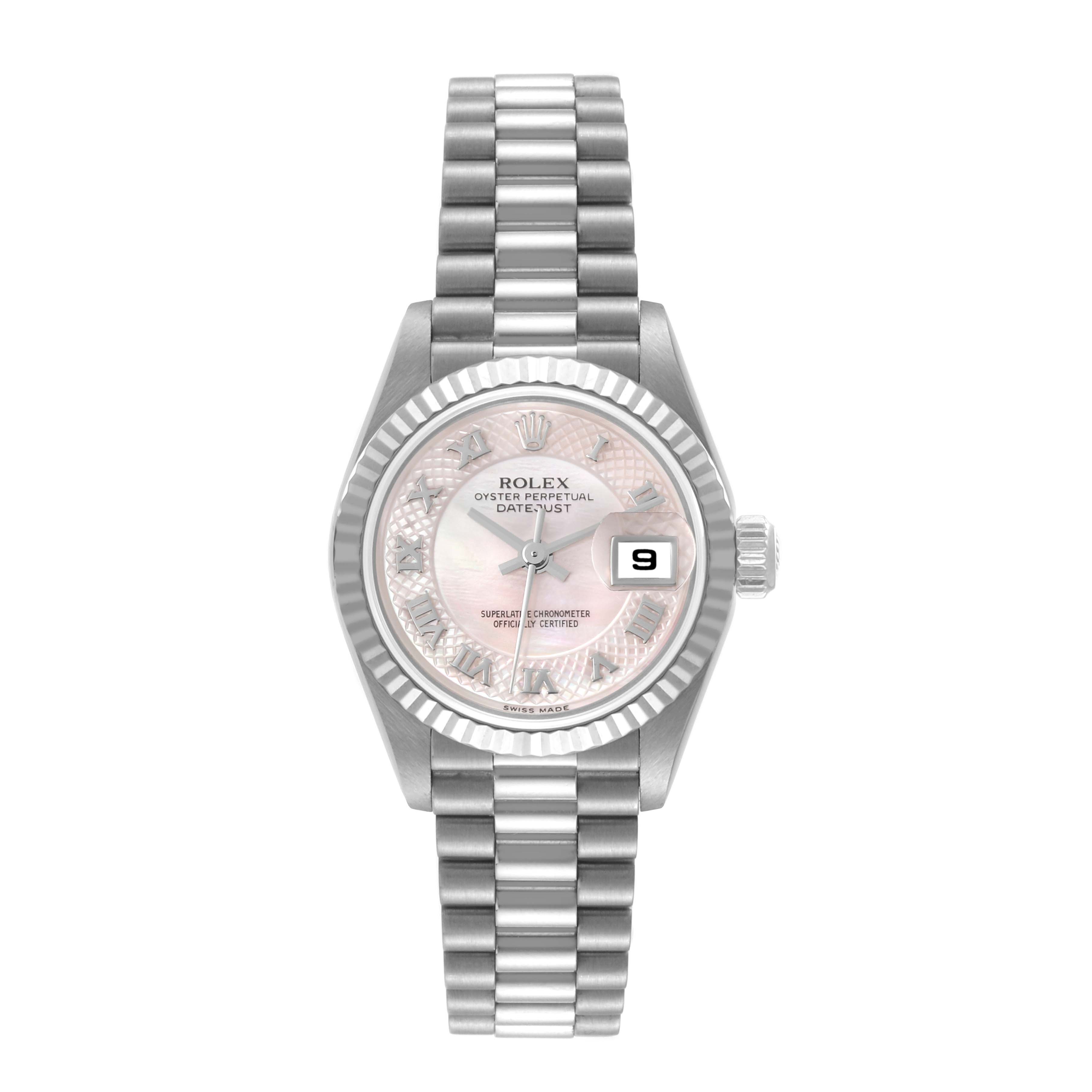 The image shows a frontal view of a Rolex President 79179 Women's White Gold Mother of Pearl Dial 79179 Women's White Gold Mother of Pearl Dial model watch, displaying the dial, bezel, crown, and bracelet.