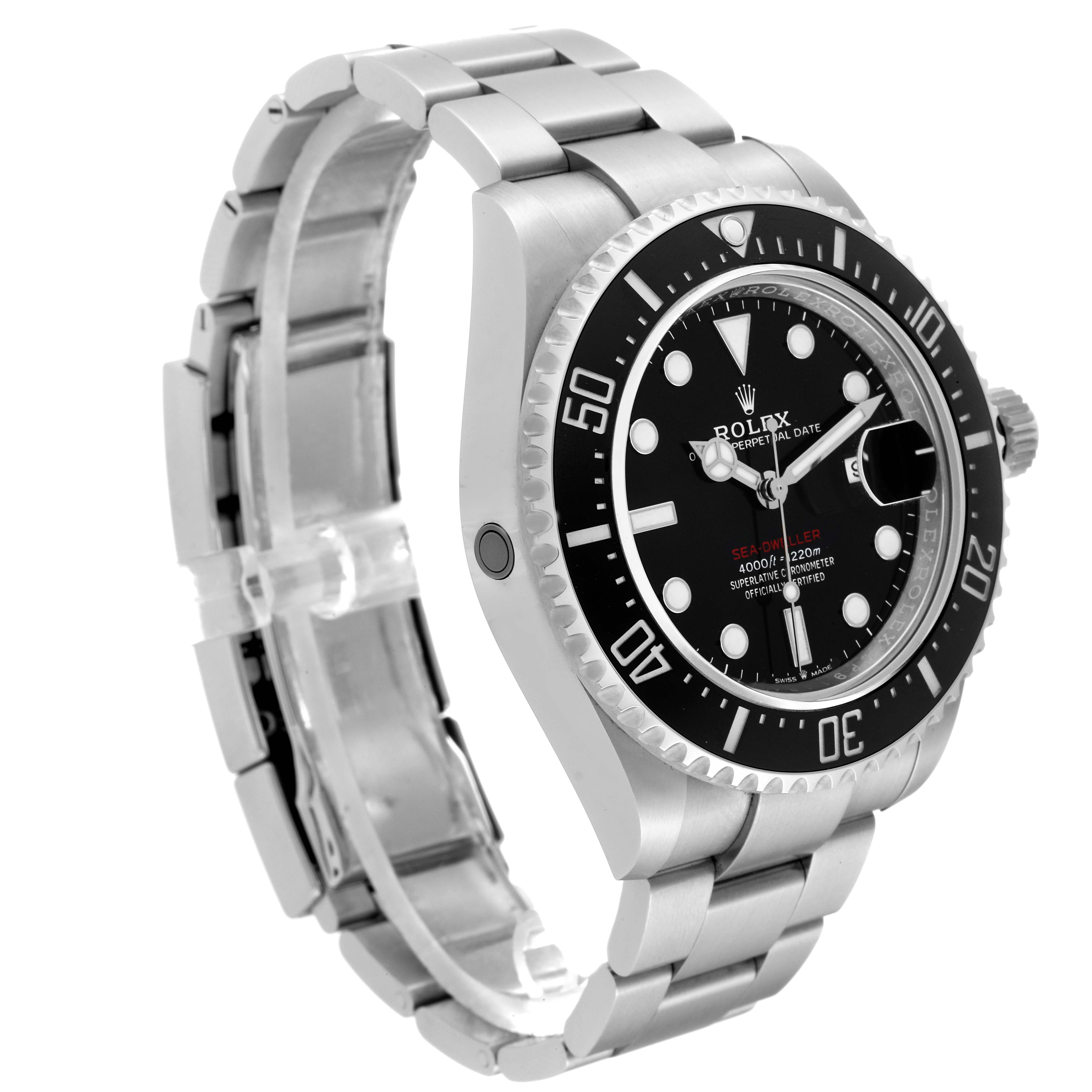 The Rolex Sea-Dweller 126600 Men
s Stainless Steel Black Dial is shown from an angled side view, displaying its dial, bezel, crown, and bracelet.