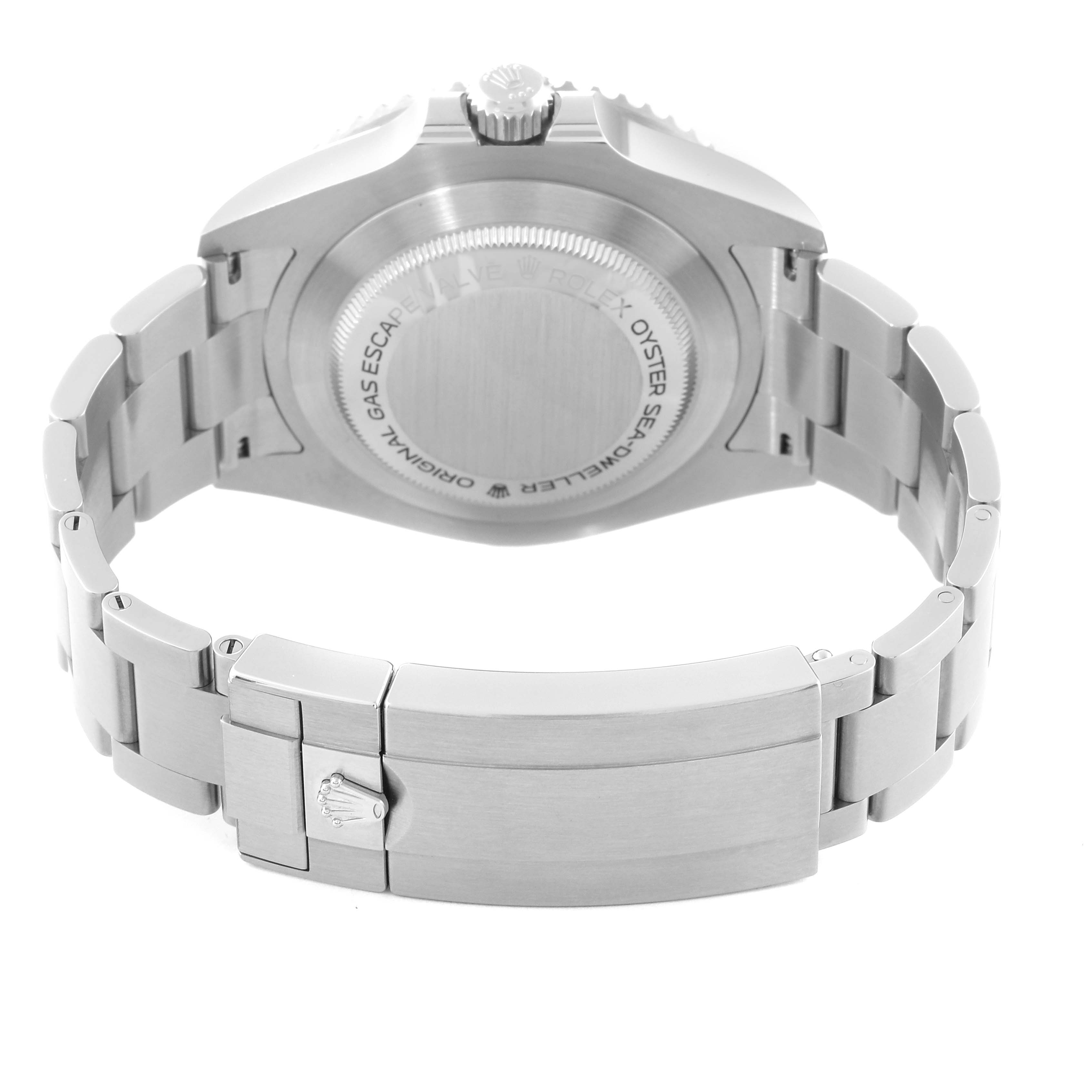 The image shows the back case and clasp of a Rolex Sea-Dweller 126600 Men
s Stainless Steel Black Dial watch from a rear angle.