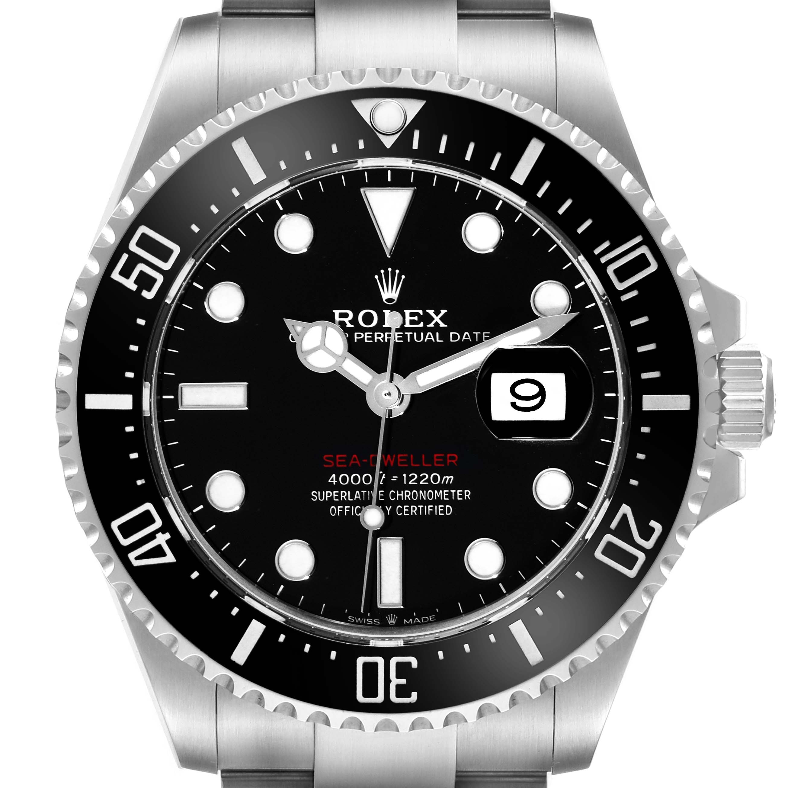 This image shows a front view of the Rolex Sea-Dweller 126600 Men
s Stainless Steel Black Dial watch, featuring its dial, bezel, crown, and part of the bracelet.
