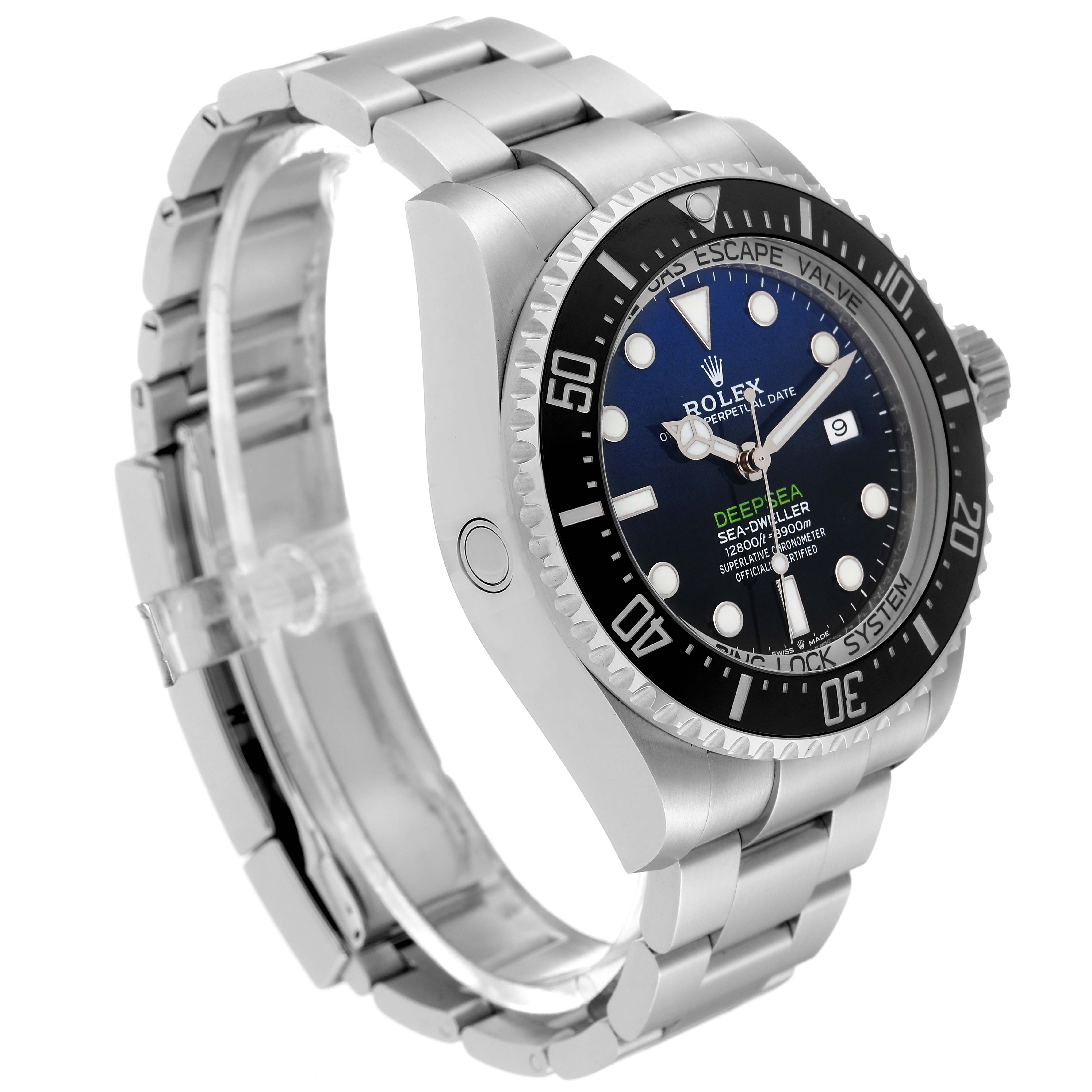 The image shows a side-angle view of the Rolex Sea-Dweller 126660 Men's Stainless Steel Black Dial 126660 Men's Stainless Steel Black Dial watch, highlighting its bezel, dial, and bracelet.