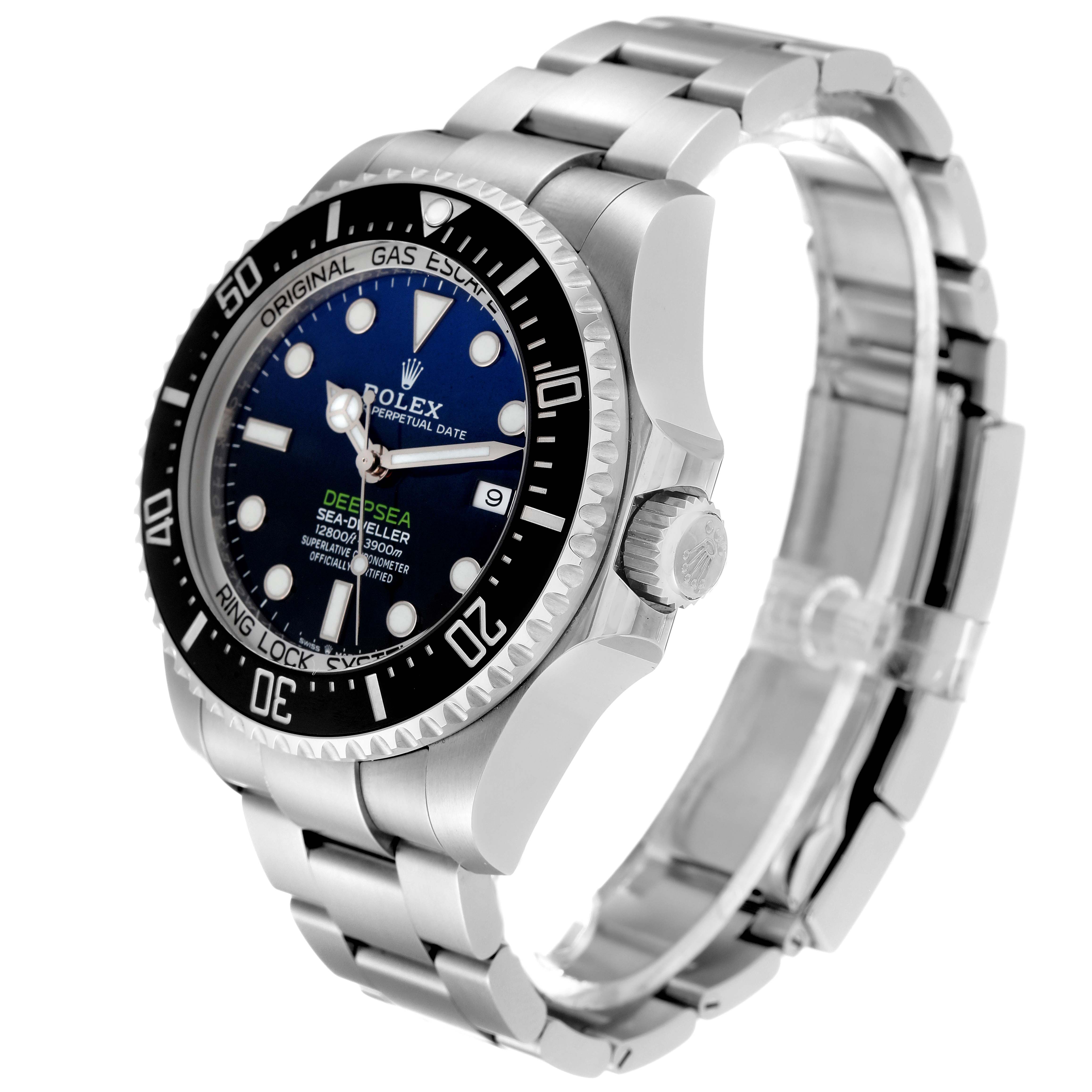 The image shows a side angle of a Rolex Sea-Dweller 126660 Men's Stainless Steel Black Dial 126660 Men's Stainless Steel Black Dial watch displaying its bezel, dial, bracelet, and crown.