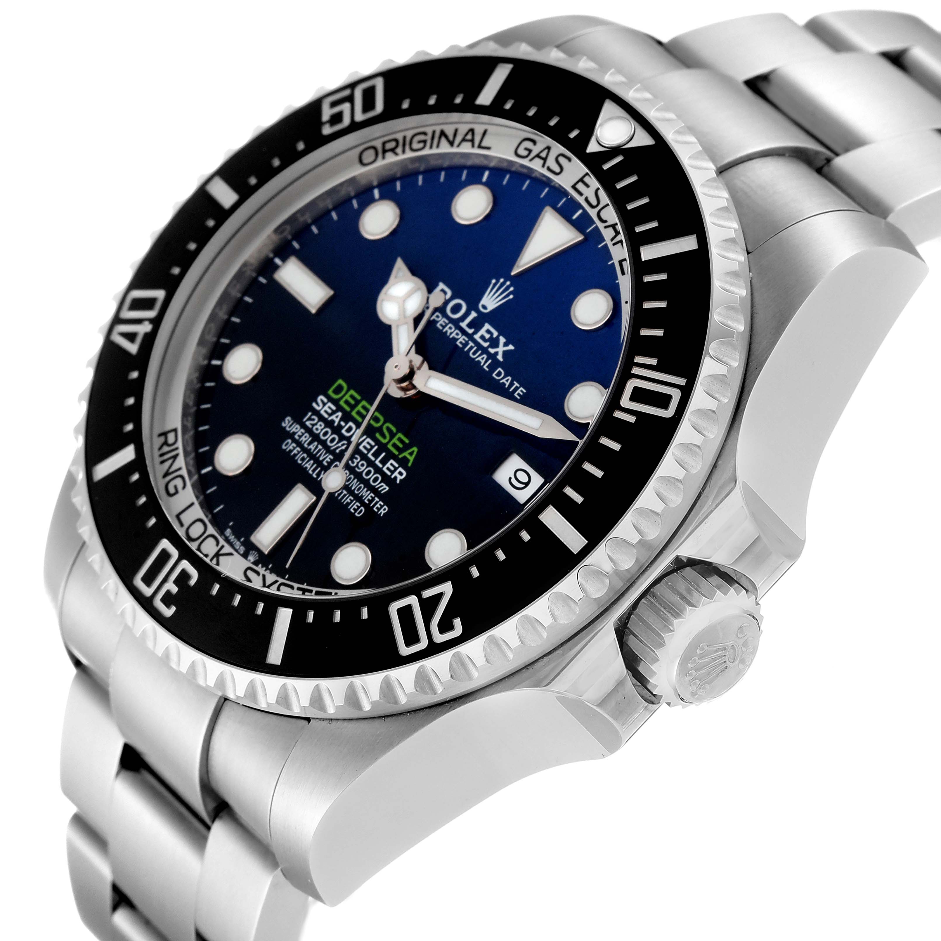 The image shows a side-angle view of the Rolex Sea-Dweller 126660 Men's Stainless Steel Black Dial 126660 Men's Stainless Steel Black Dial watch, highlighting its dial, bezel, crown, and bracelet.