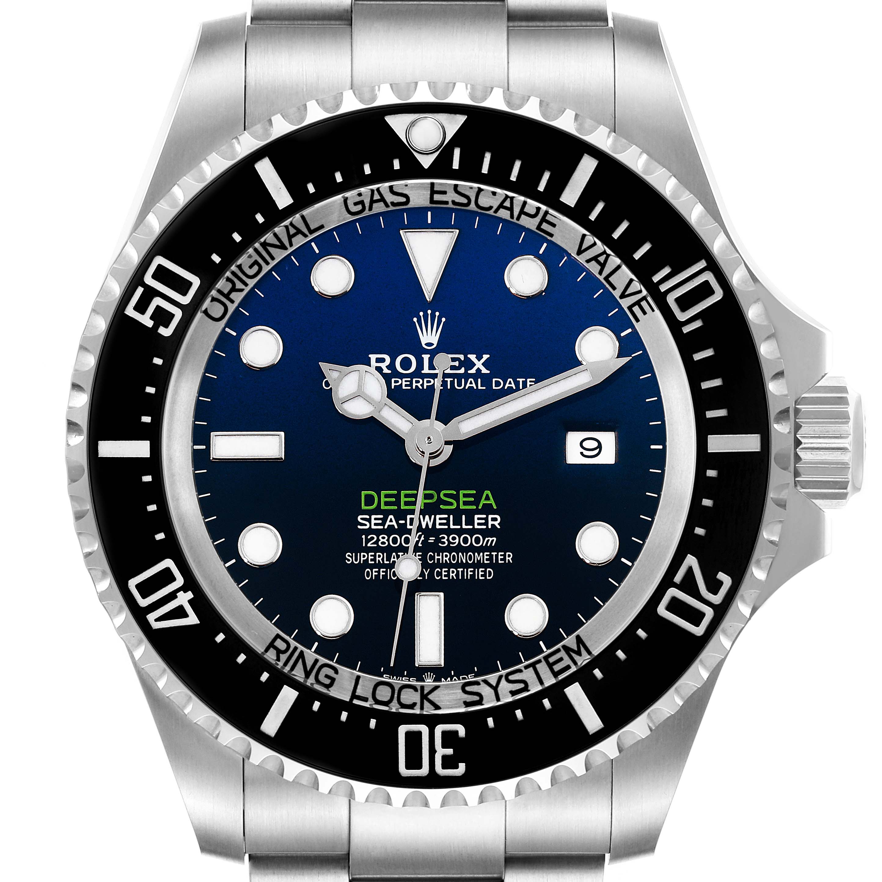 The image shows a front view of a Rolex Sea-Dweller 126660 Men's Stainless Steel Black Dial 126660 Men's Stainless Steel Black Dial Deepsea watch, highlighting the dial, bezel, and part of the bracelet.