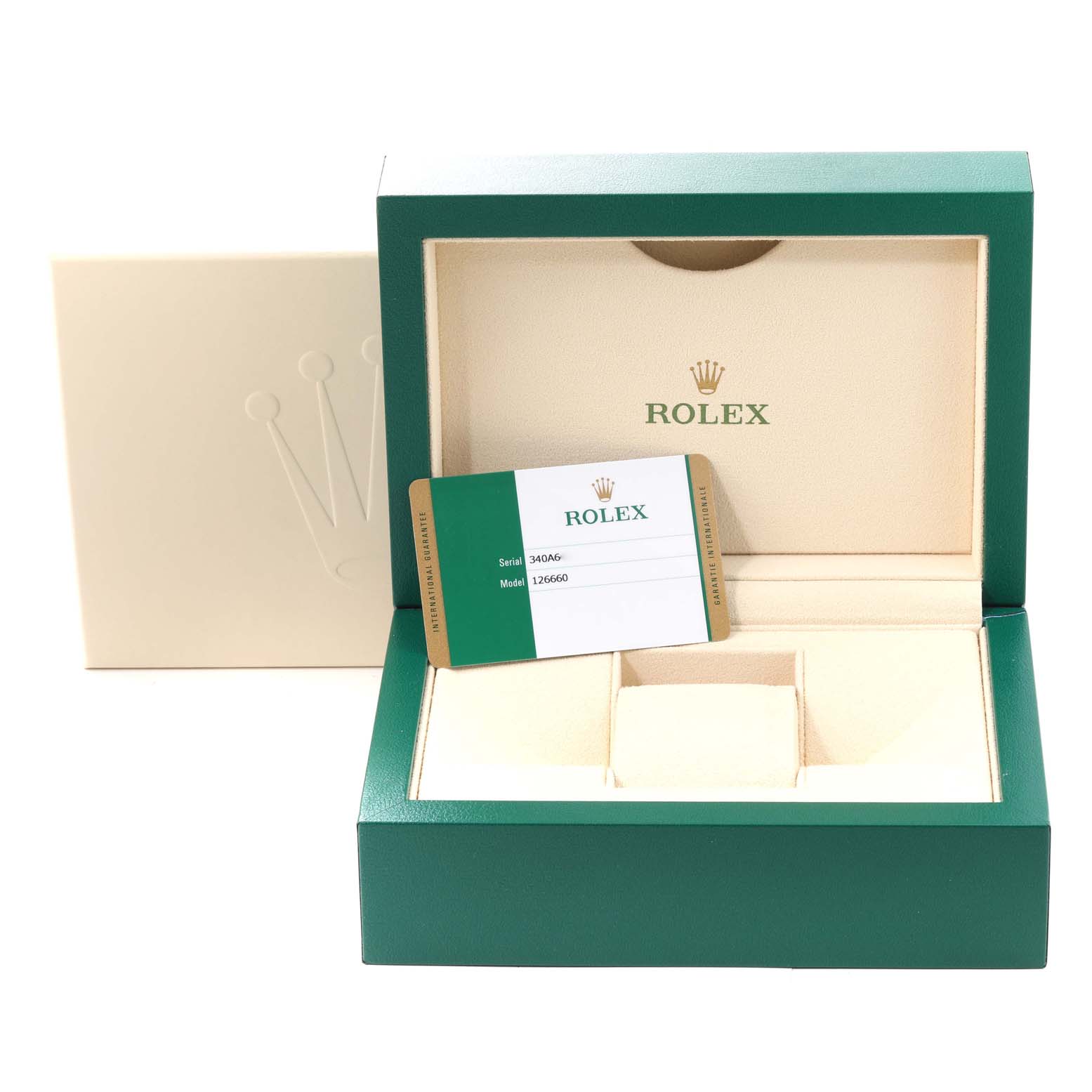 The image shows a Rolex Sea-Dweller 126660 Men's Stainless Steel Black Dial 126660 Men's Stainless Steel Black Dial model watch box, including the watch's warranty card and an internal case compartment.