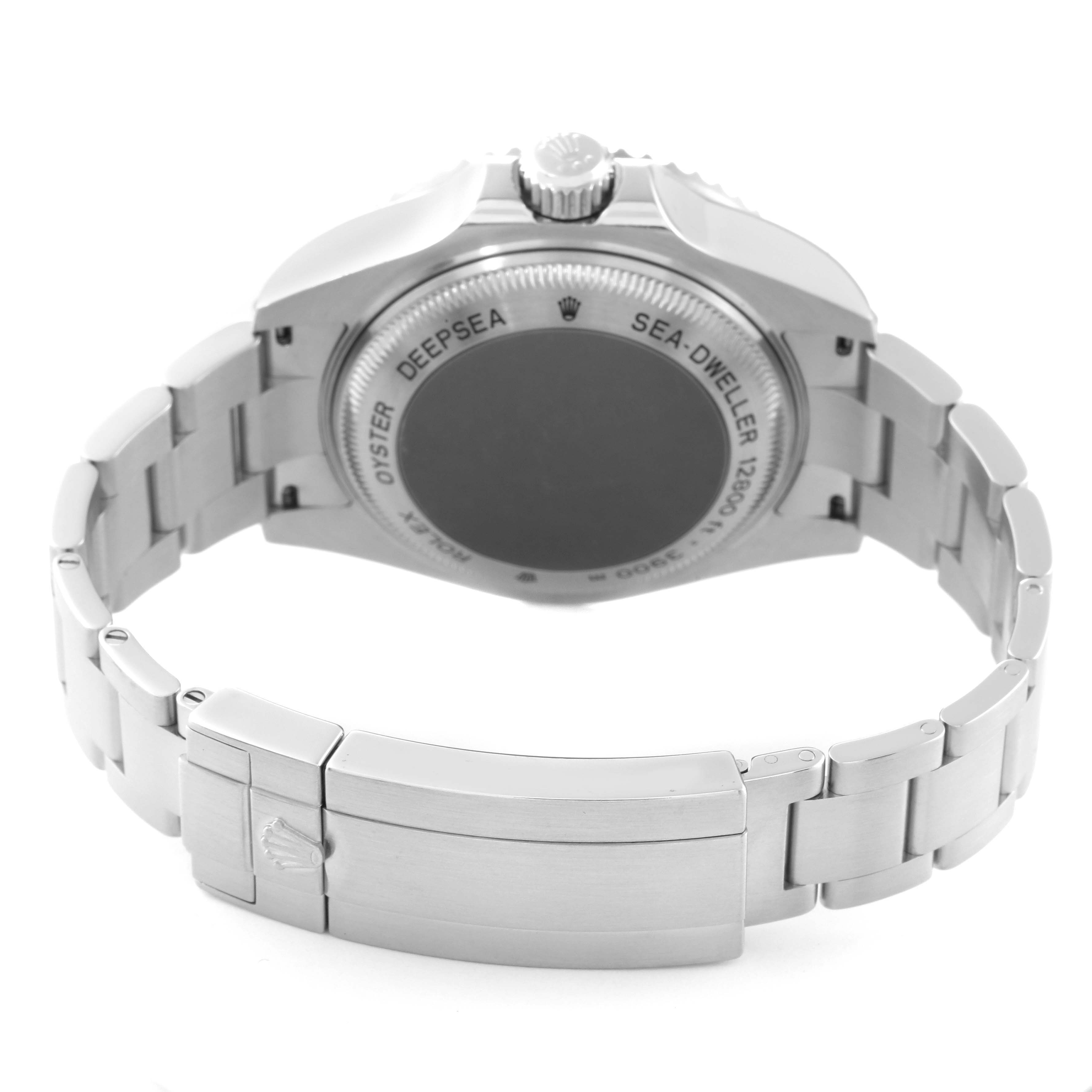 This image shows the back case and stainless steel bracelet of the Rolex Sea-Dweller 116660 Men
s Stainless Steel Black Dial 116660 Men
s Stainless Steel Black Dial watch.